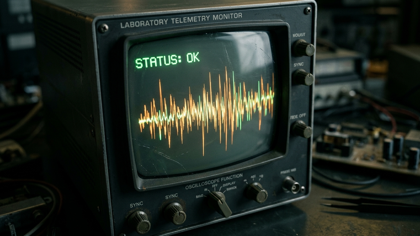 A monitor showing a green status readout above an erratic performance trace.