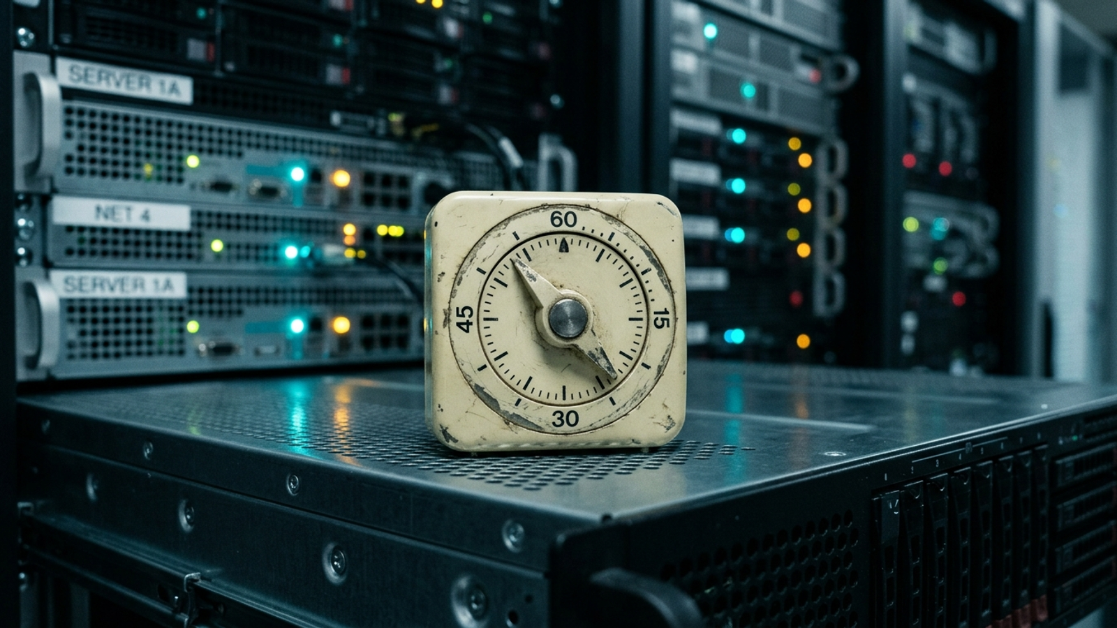 A plastic kitchen timer on a server rack, contrasting a fixed countdown with campaign learning.