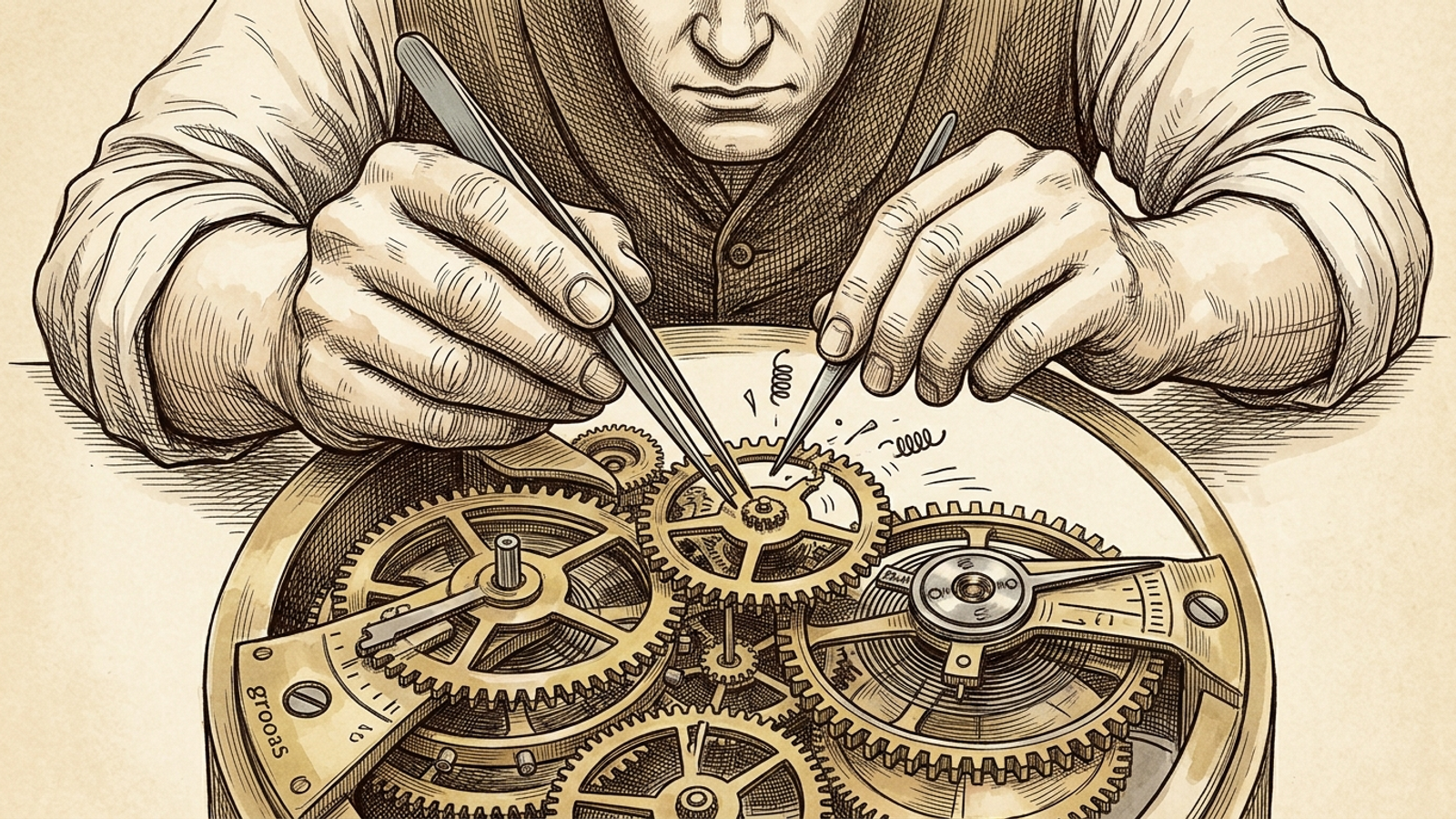 An ink drawing of a watchmaker’s tweezers caught in a set of brass gears.