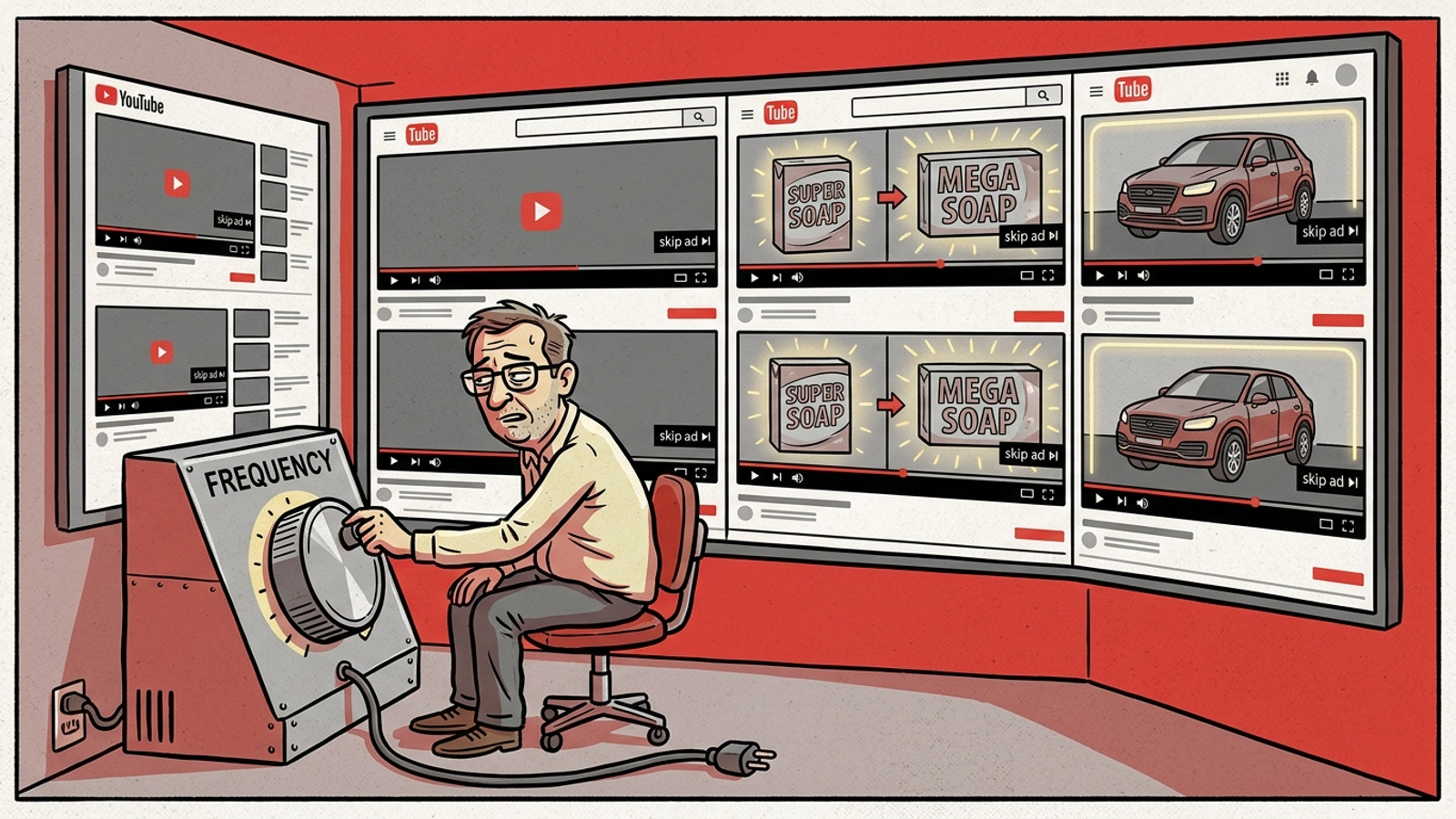 Cartoon of an advertiser turning a frequency dial disconnected from a YouTube screen