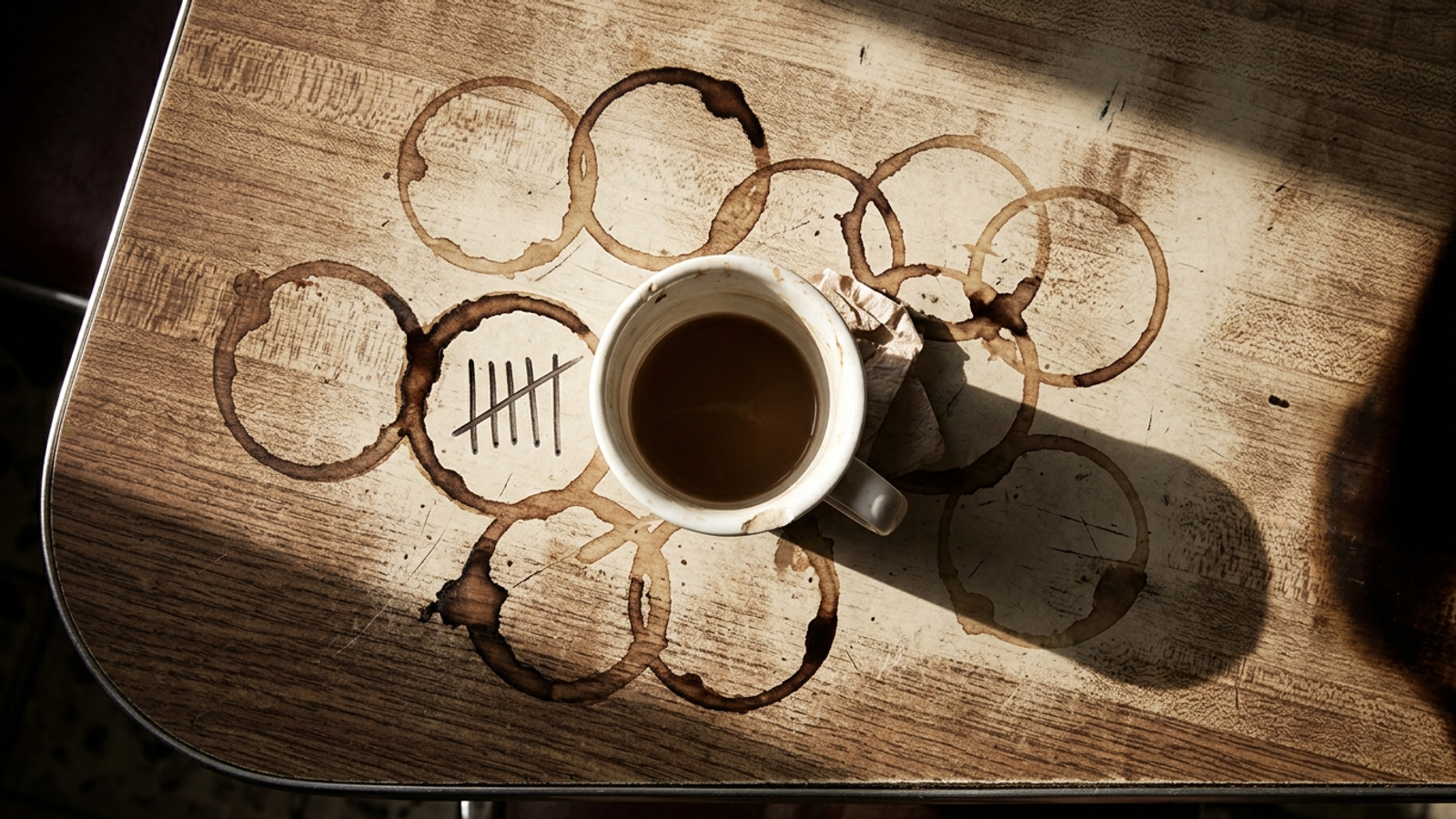 Overhead photo of one coffee cup refilled eight times, with tally marks