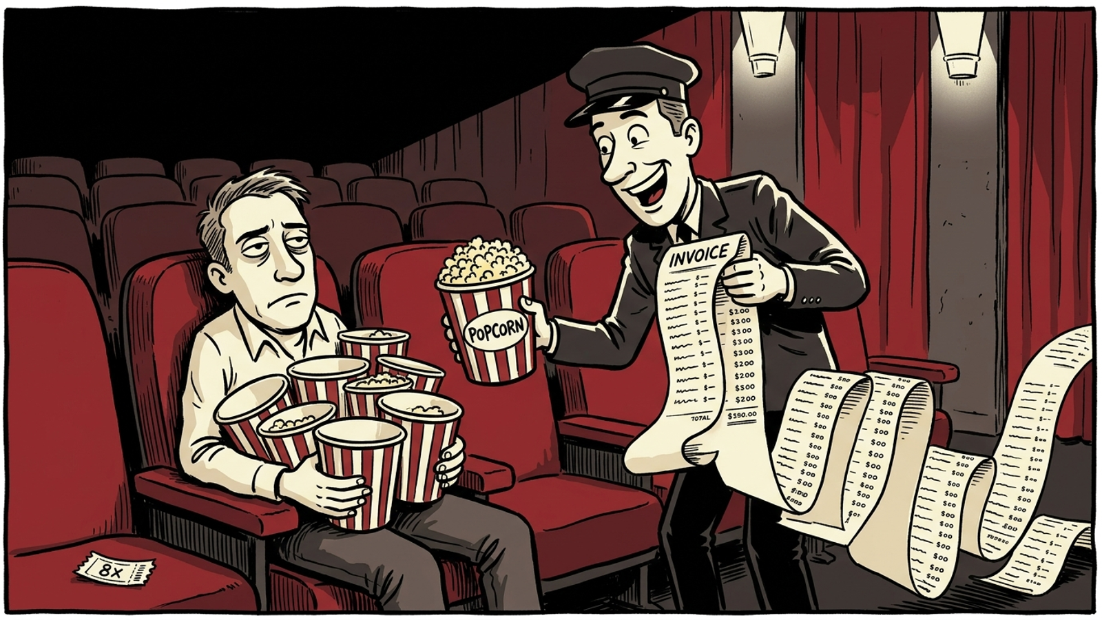 Cartoon of an advertiser paying to show one moviegoer the same ad eight times
