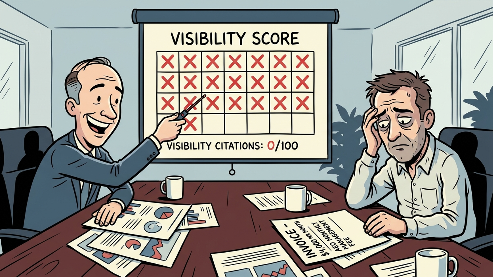 Salesman points to a dashboard of red X marks while the client looks at an empty wallet