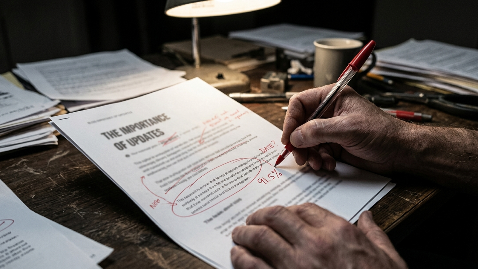 Close-up of hands editing a printout to add a date, a number and a direct question heading