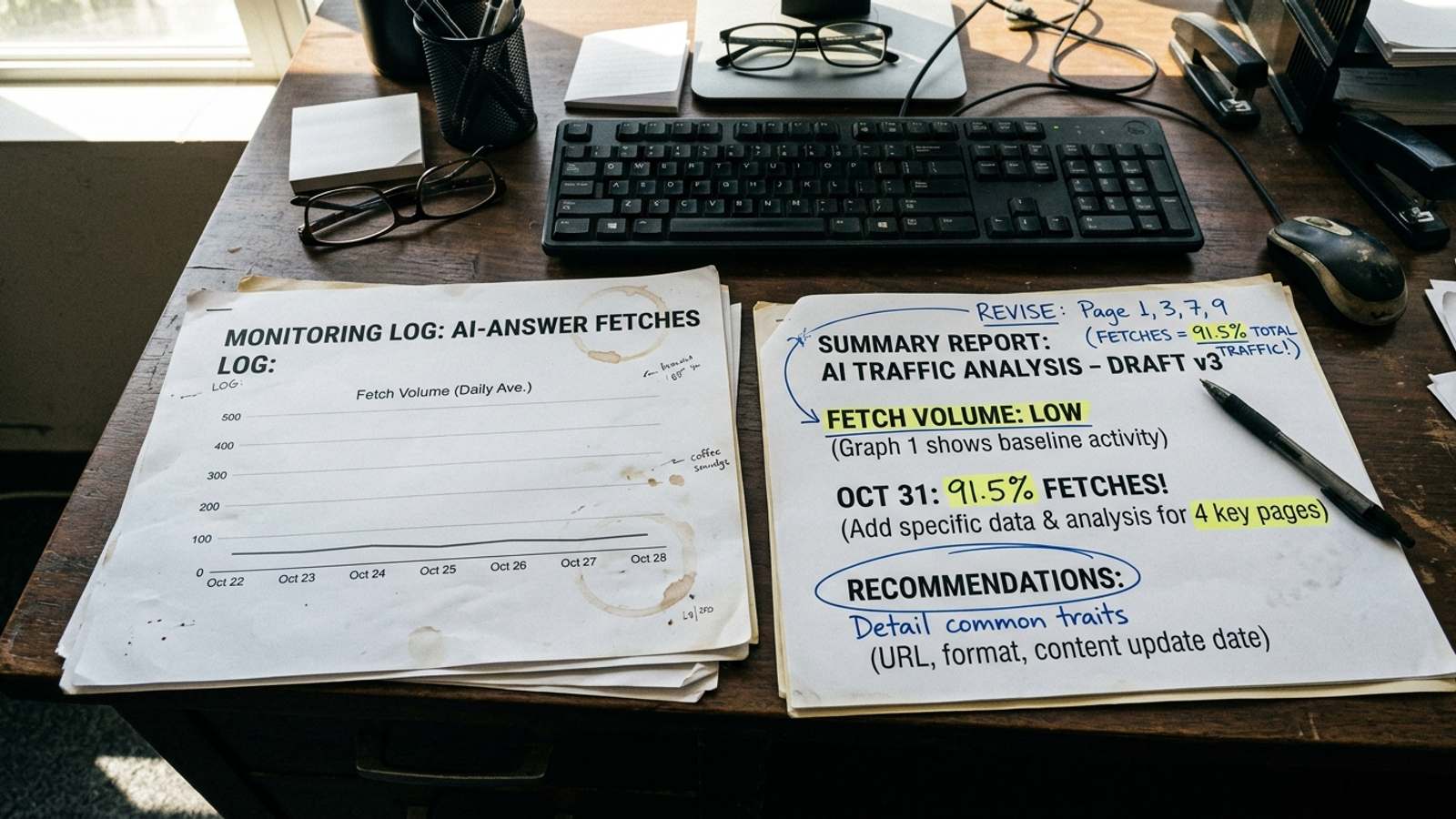 Overhead photo of a desk with two reports, one showing a circled monitoring graph and the other a circled edited page draft