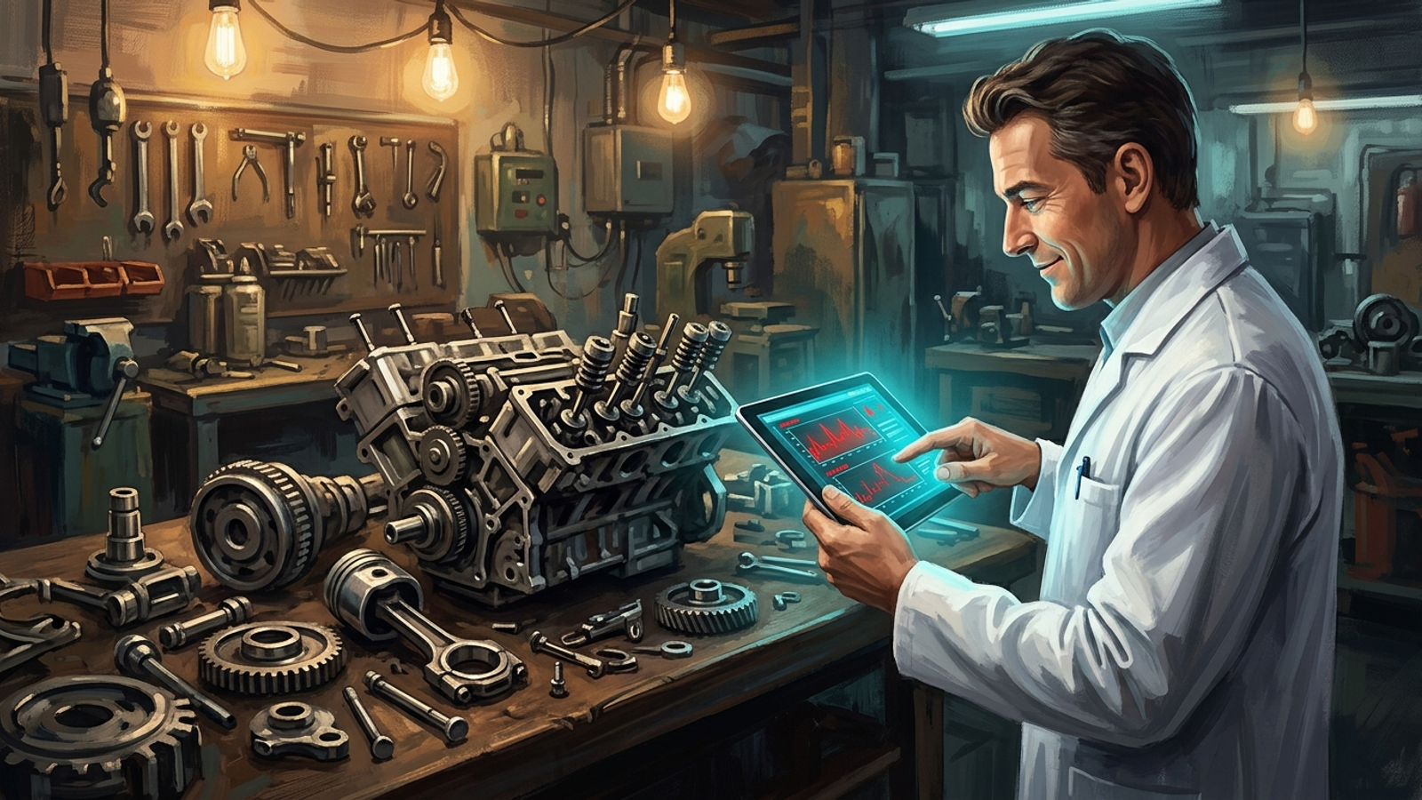 A technician holding a diagnostic tablet beside an idle, disassembled machine.