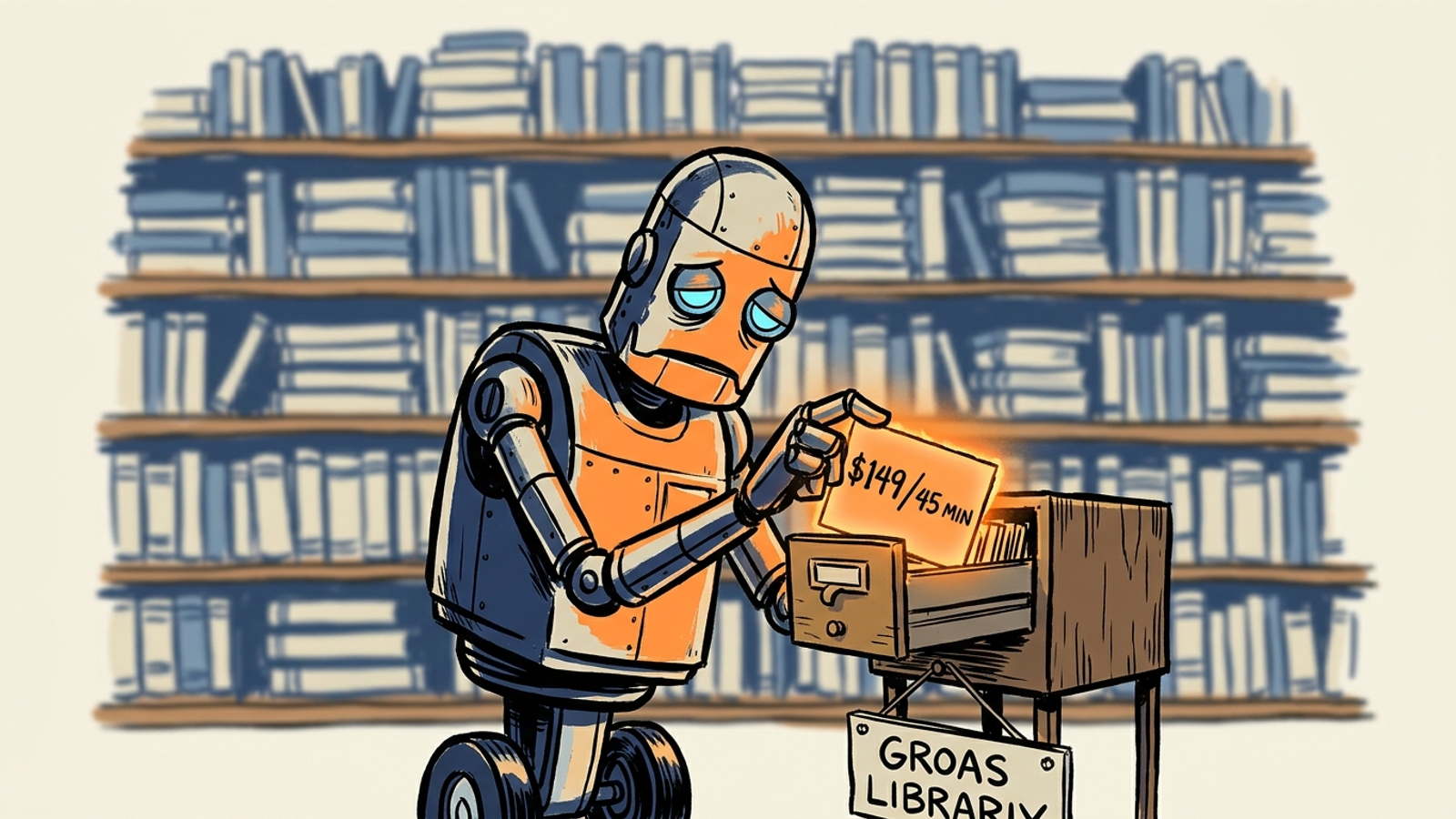 Cartoon librarian robot pulling one exact index card from a wall of blurry books