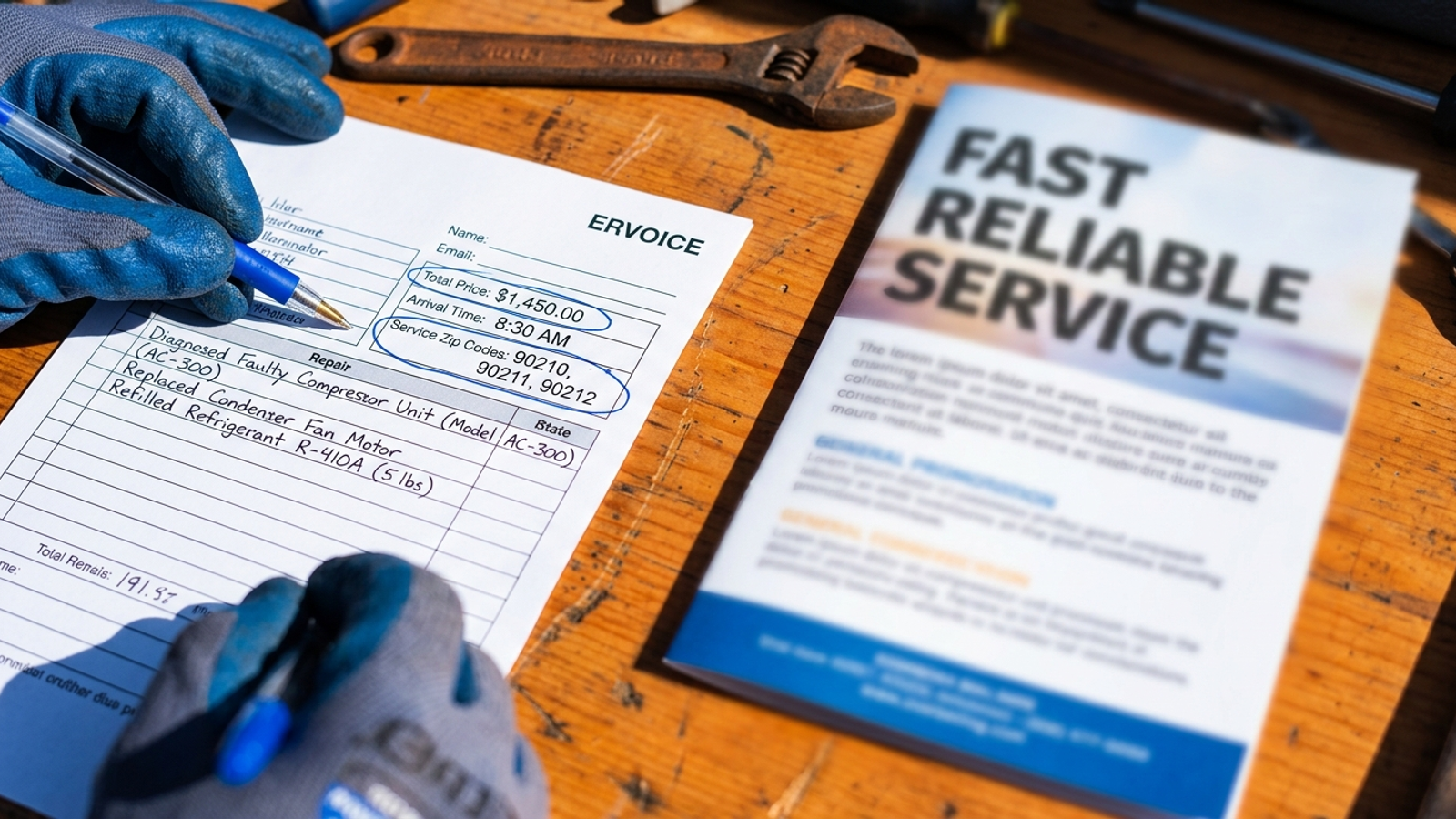 Overhead photo of a plumber's invoice with circled price and response time next to a vague brochure