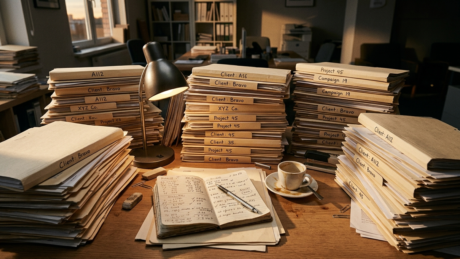 A wooden desk stacked with manila client folders beside a solitary notebook.