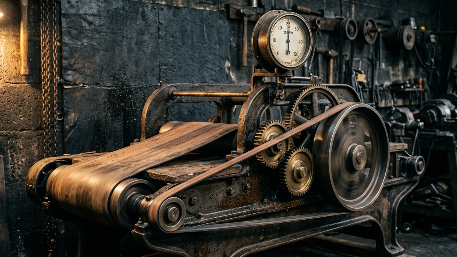 A worn belt on a brass-geared mechanical treadmill, with its speed dial fixed in place.