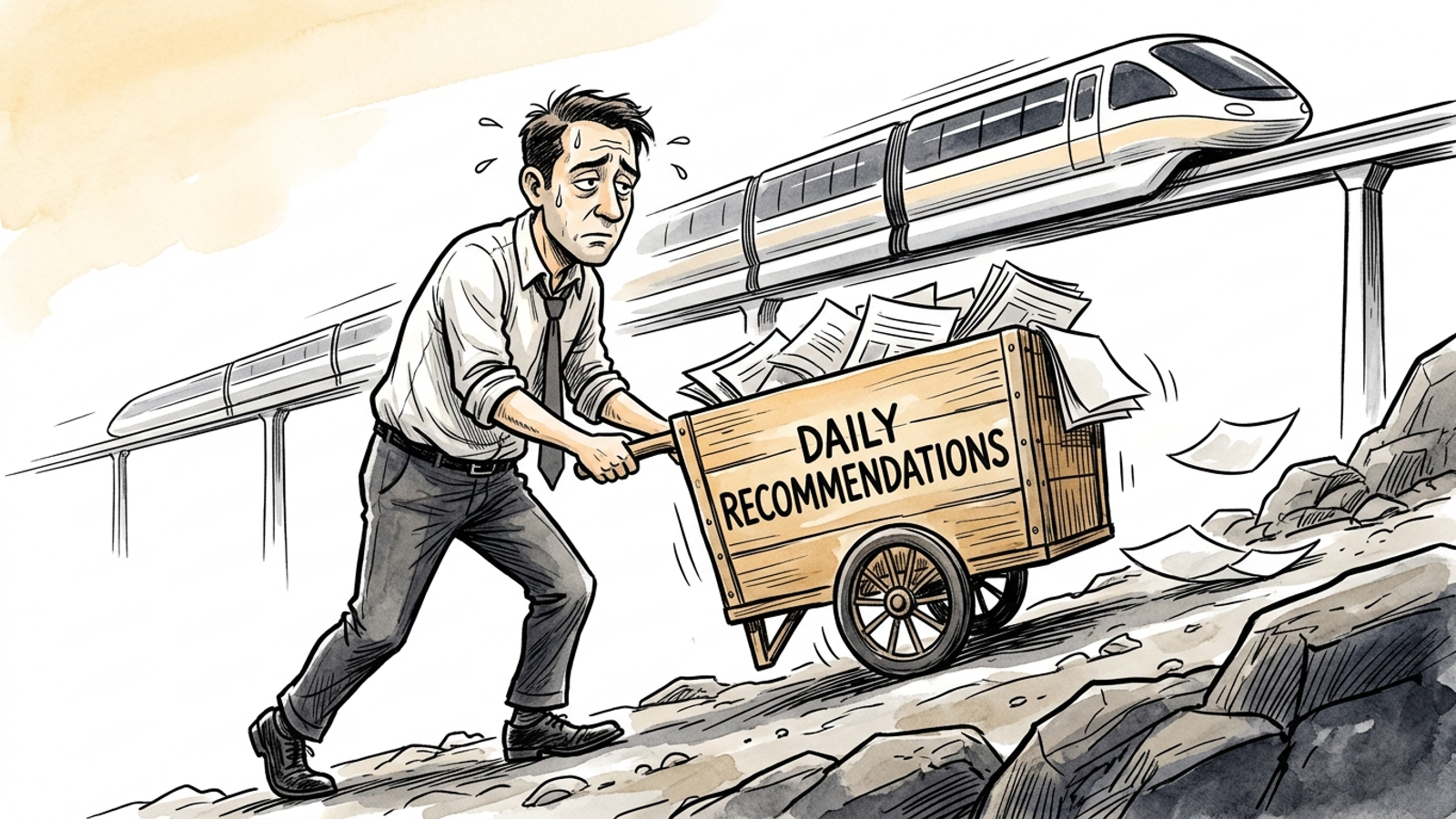 A manager pushes a handcart labeled ‘Daily Recommendations’ uphill as an automated monorail passes overhead.