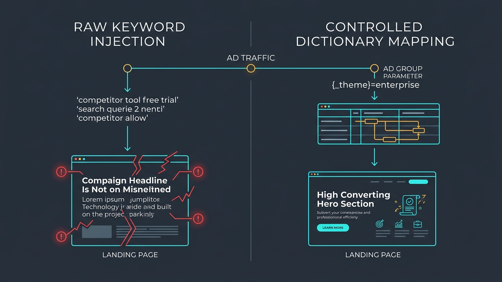 Diagram showing a raw keyword feeding page copy versus an approved theme selecting copy from a dictionary