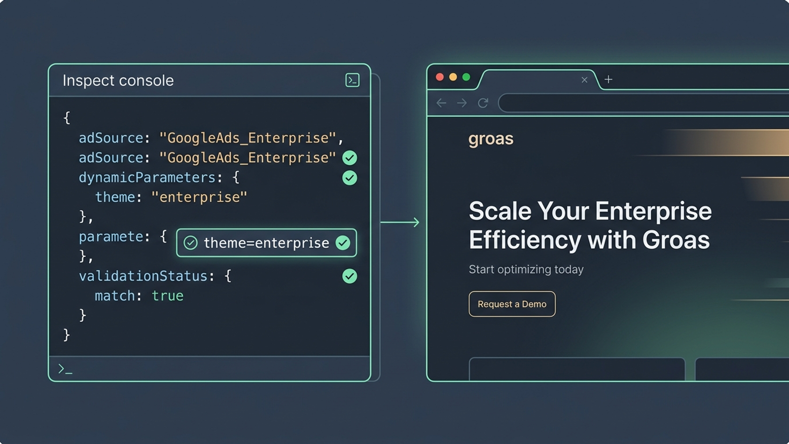 DevTools console beside a landing page hero, showing the selected copy values