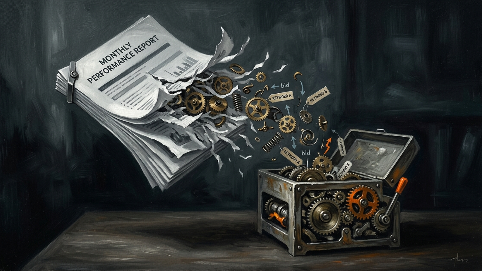 Surreal still life of a monthly report shredding itself into bid changes and negative keywords