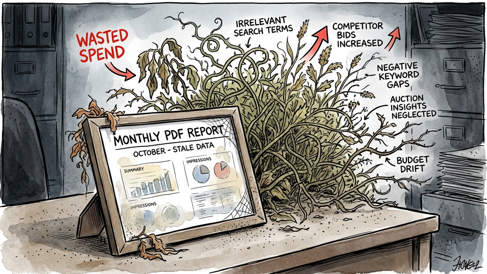 Cartoon of a dusty monthly report buried under weeds growing from a Google Ads account while bids shift unattended