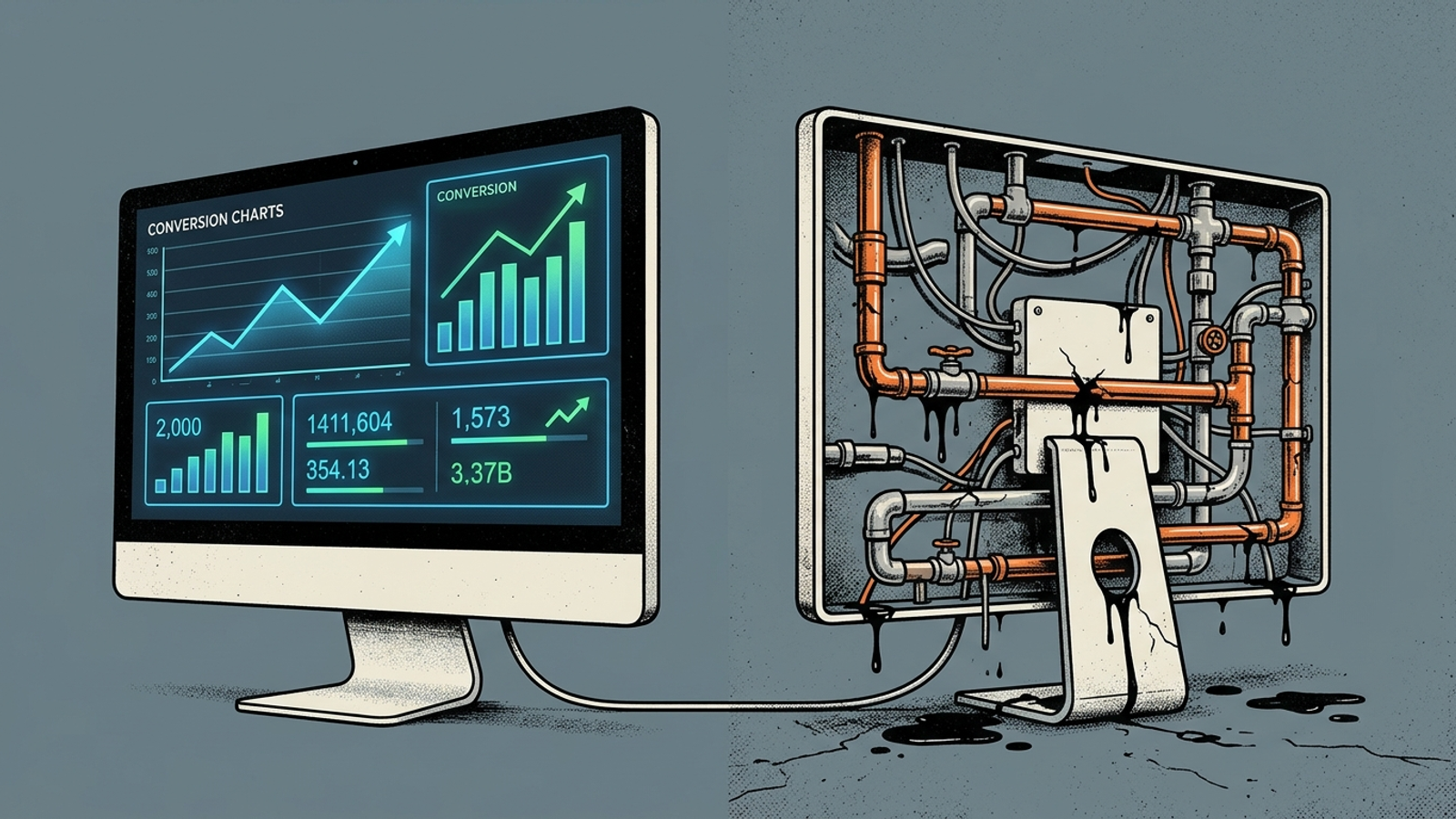 A clean analytics dashboard beside tangled, leaking pipes.