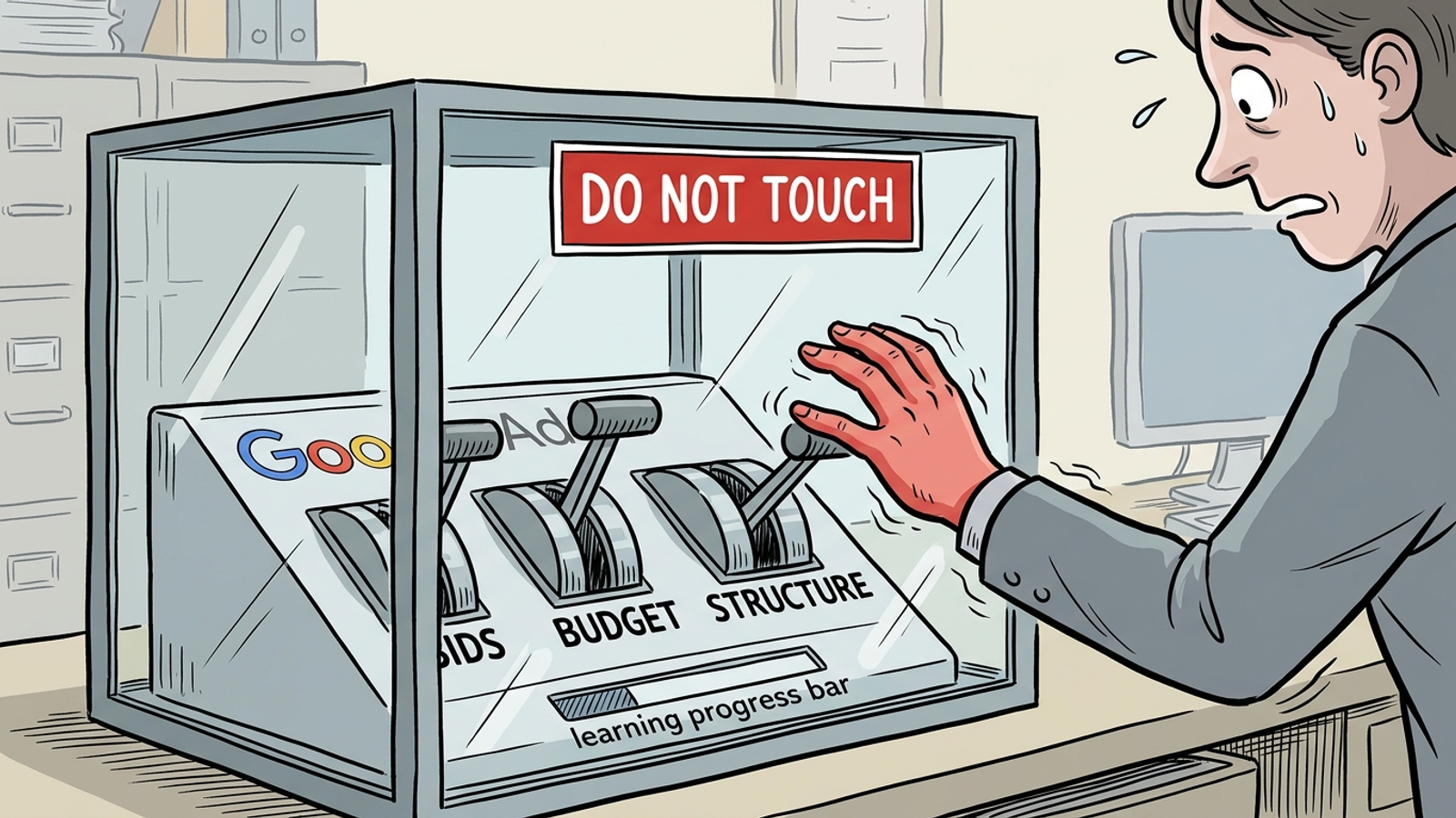 Nervous operator reaching for red bids and budget buttons behind a do-not-touch warning