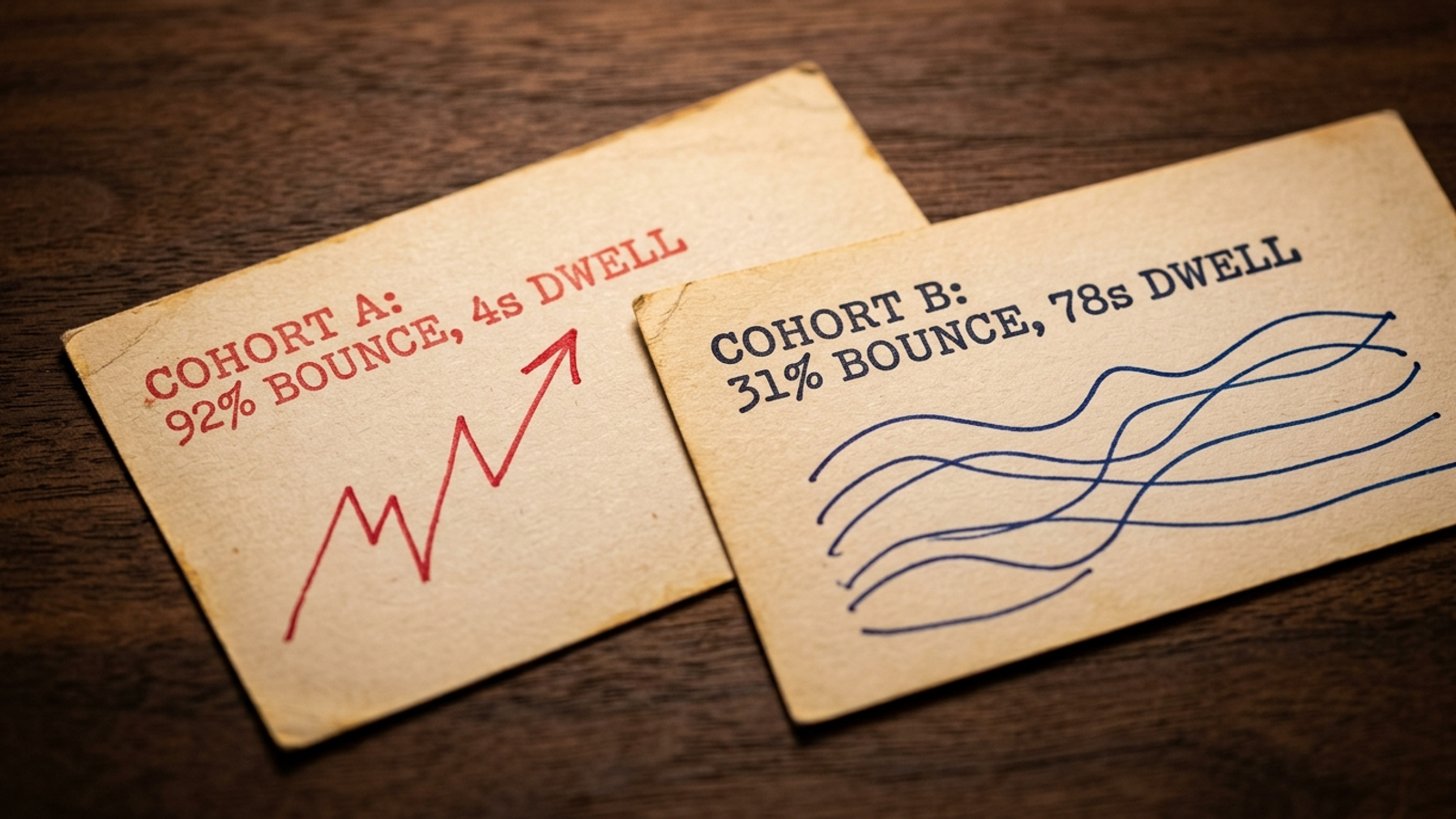 Two index cards showing the high-bounce and engaged-query cohorts