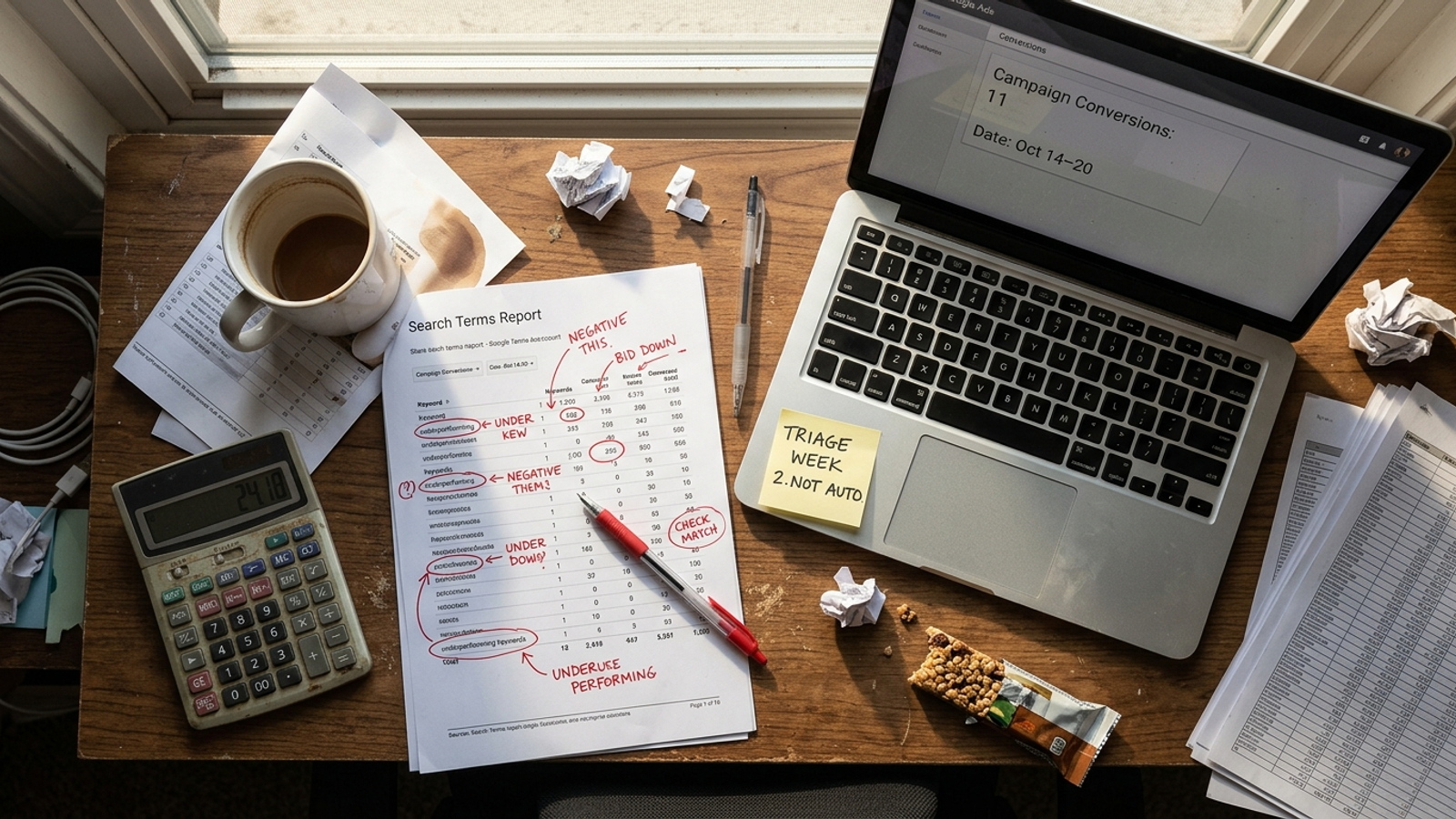 Overhead photo of search term reports, a calculator, and coffee marked up for cuts