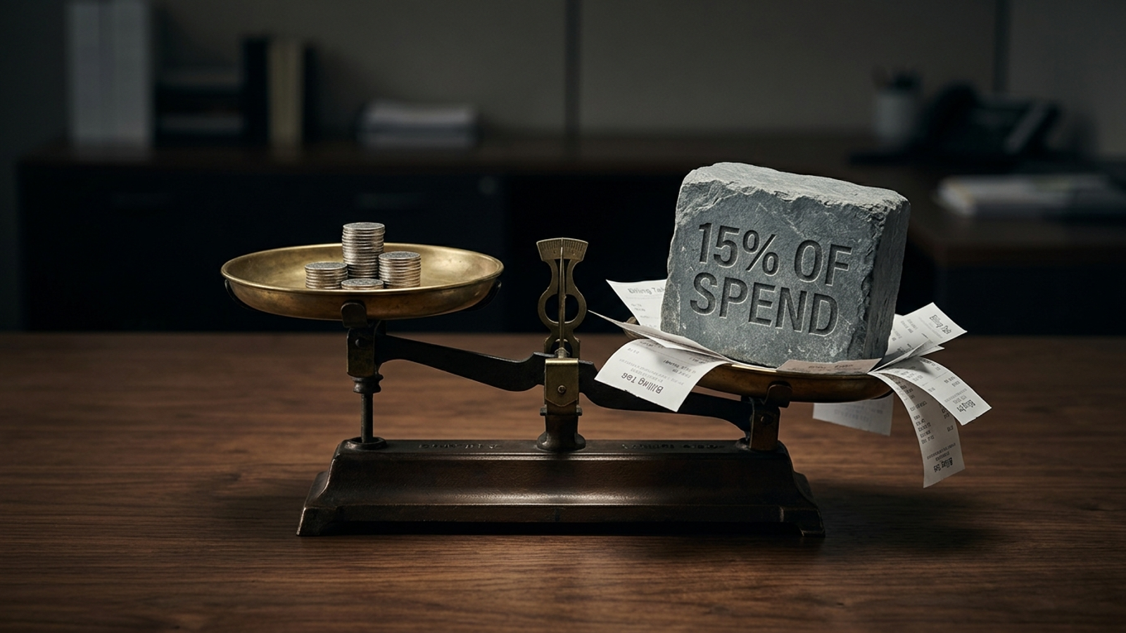 A balance scale with advertising-budget coins outweighed by an invoice for percentage fees.