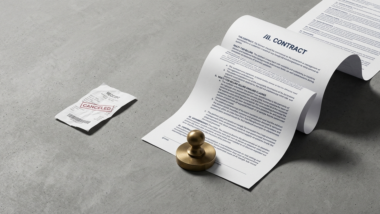 A small software receipt beside a much larger agency billing contract.