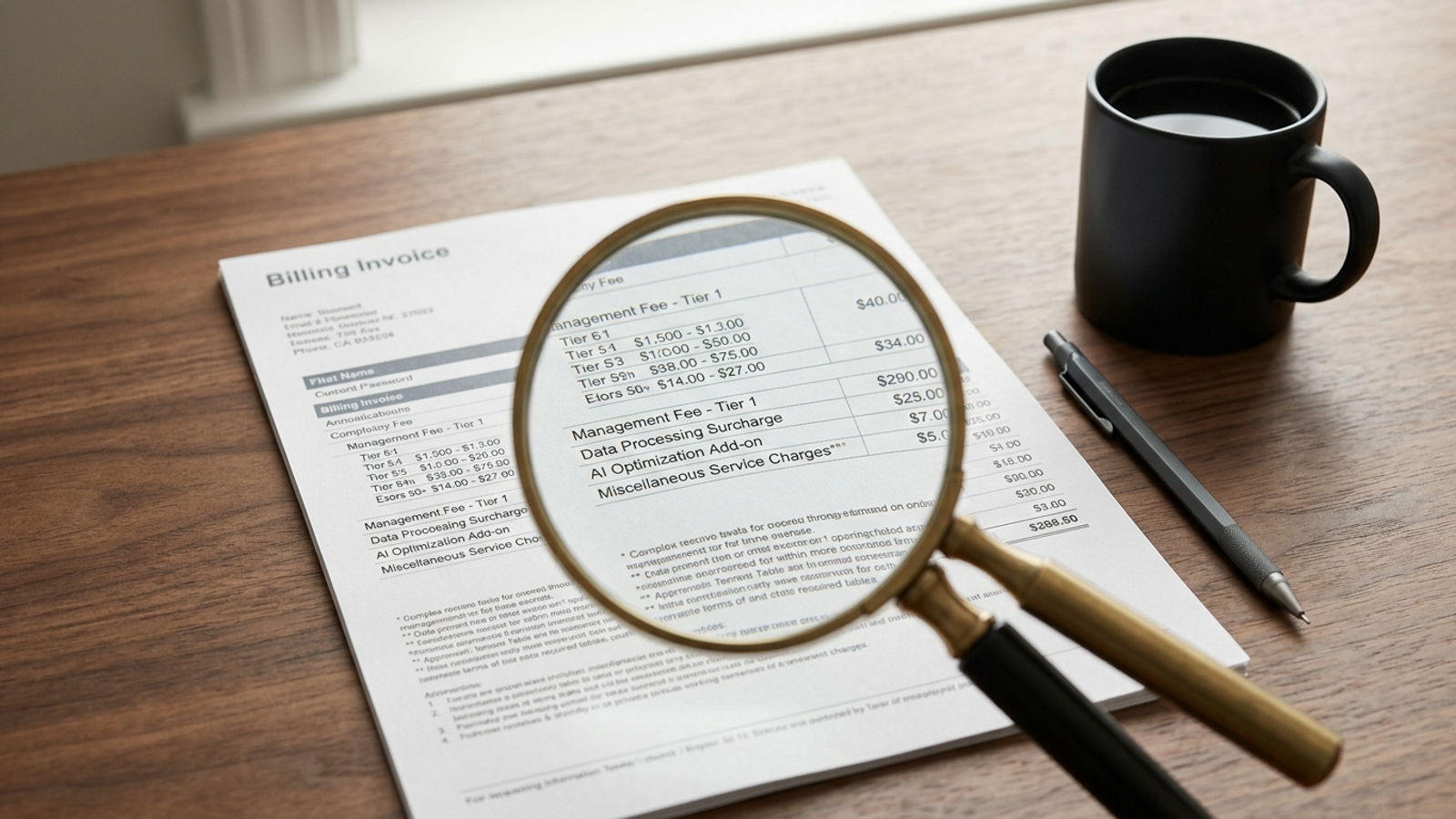 A magnifying glass over the fine print on an invoice.