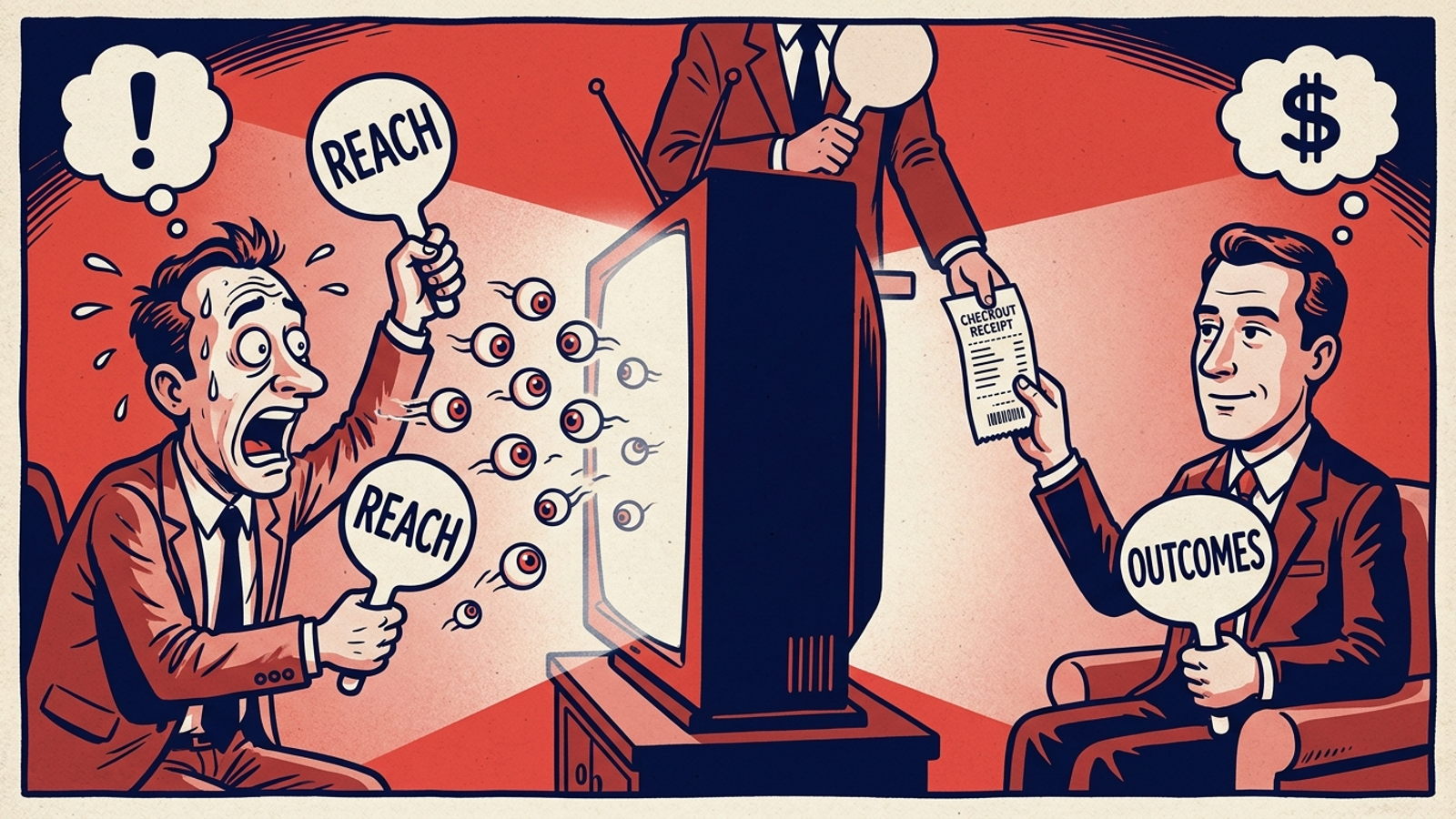 Cartoon auction paddle battle between a reach buyer and a converter buyer over a TV screen