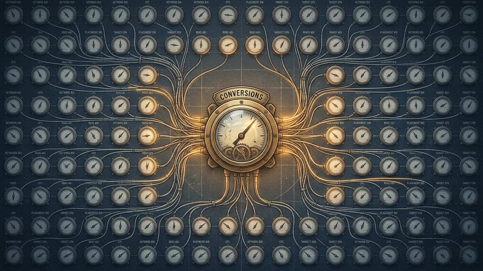 Conversion tracking dial connected to bidding dials on a control-room wall