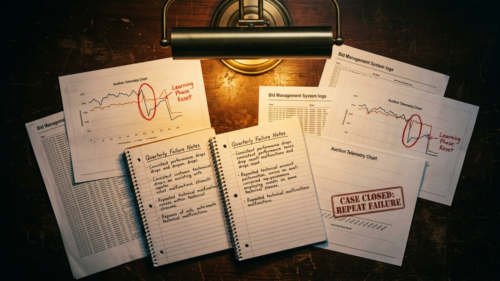 Evidence-board illustration showing campaign changes and quarterly failure notes.