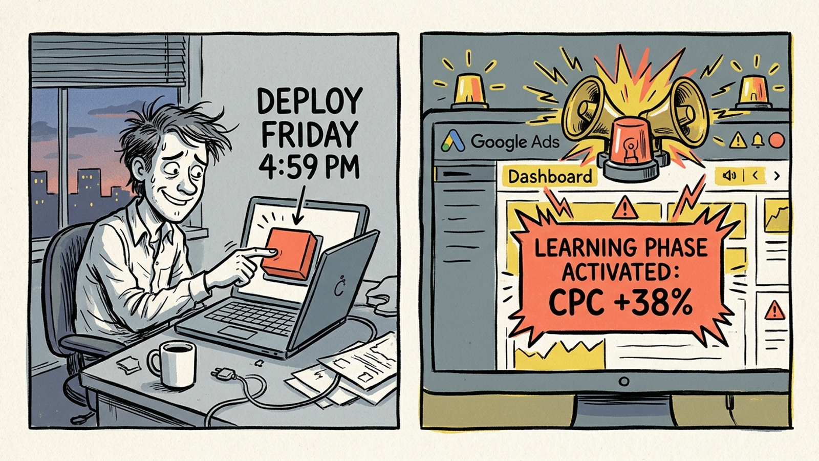 Comic strip showing a marketing dashboard alarm as a developer pushes a Friday-afternoon site update.