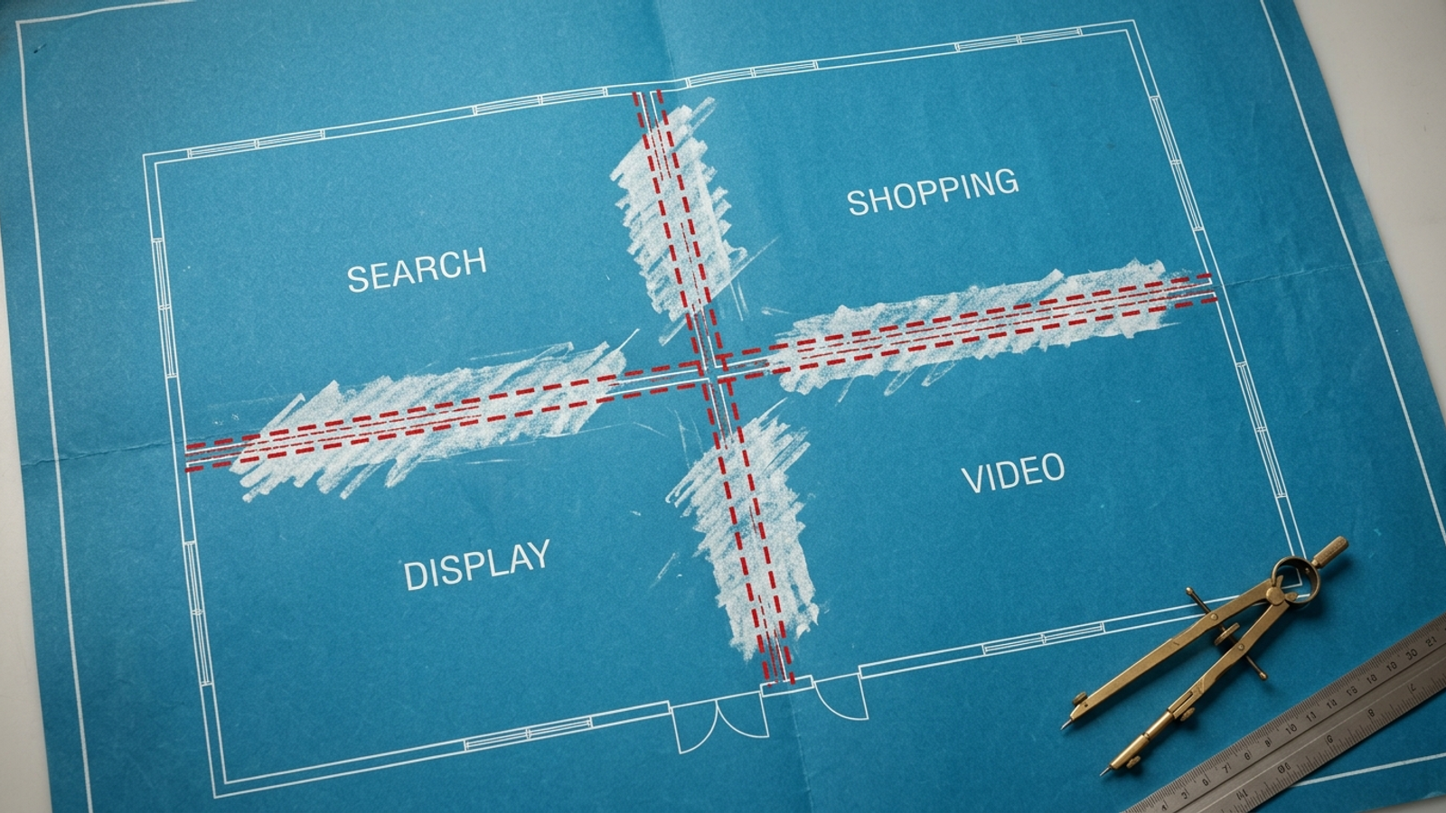 Blueprint with the walls between Search, Display, Video, and Shopping erased into one floor plan.