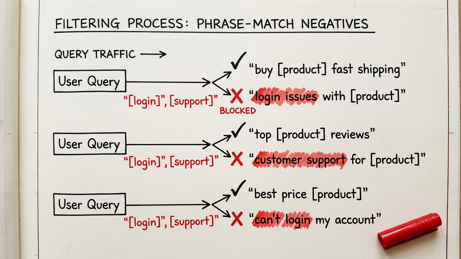 Diagram separating blocked login queries from acquisition traffic