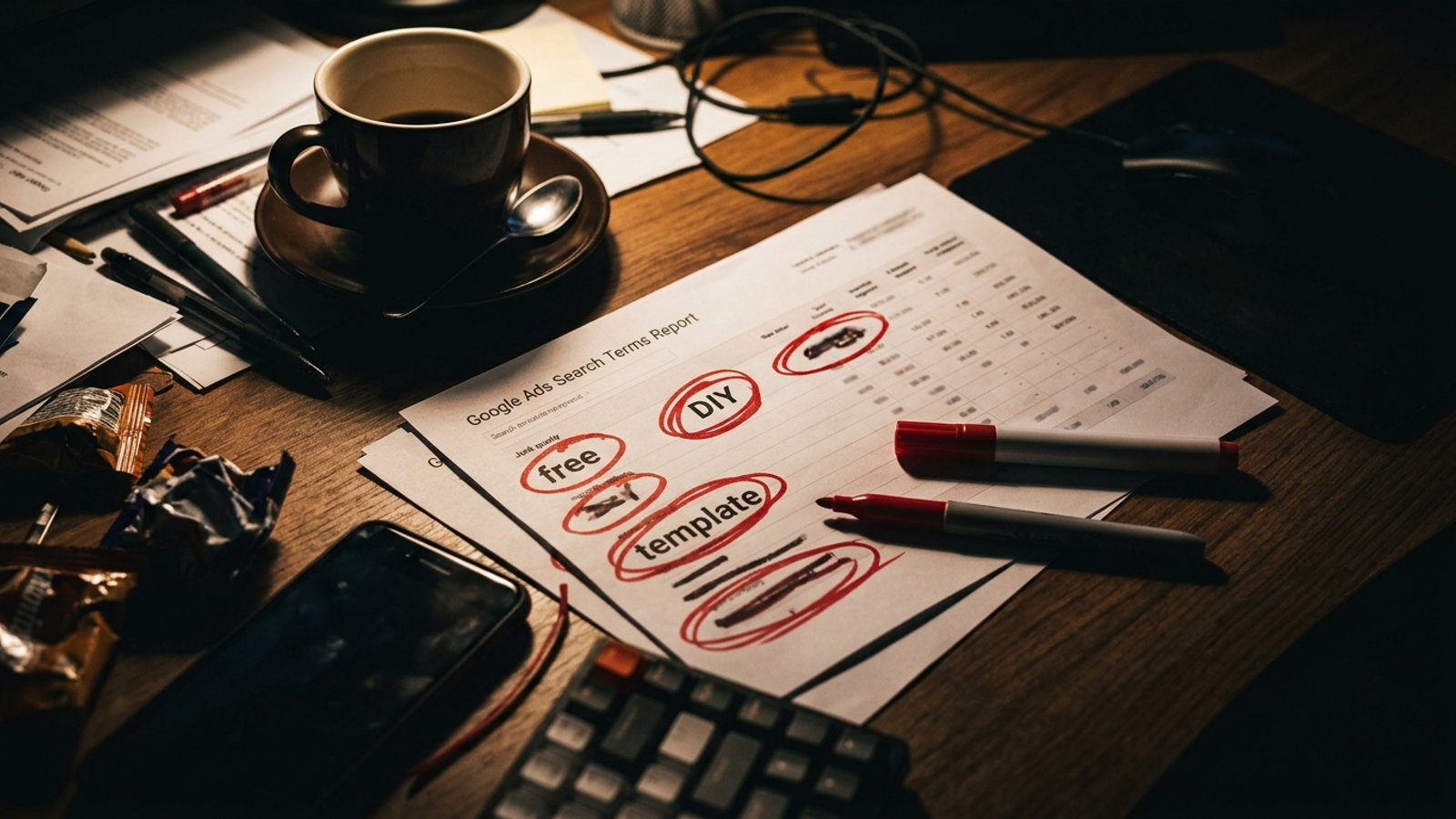 Overhead photo of a printed search terms report with free and DIY queries crossed out in red