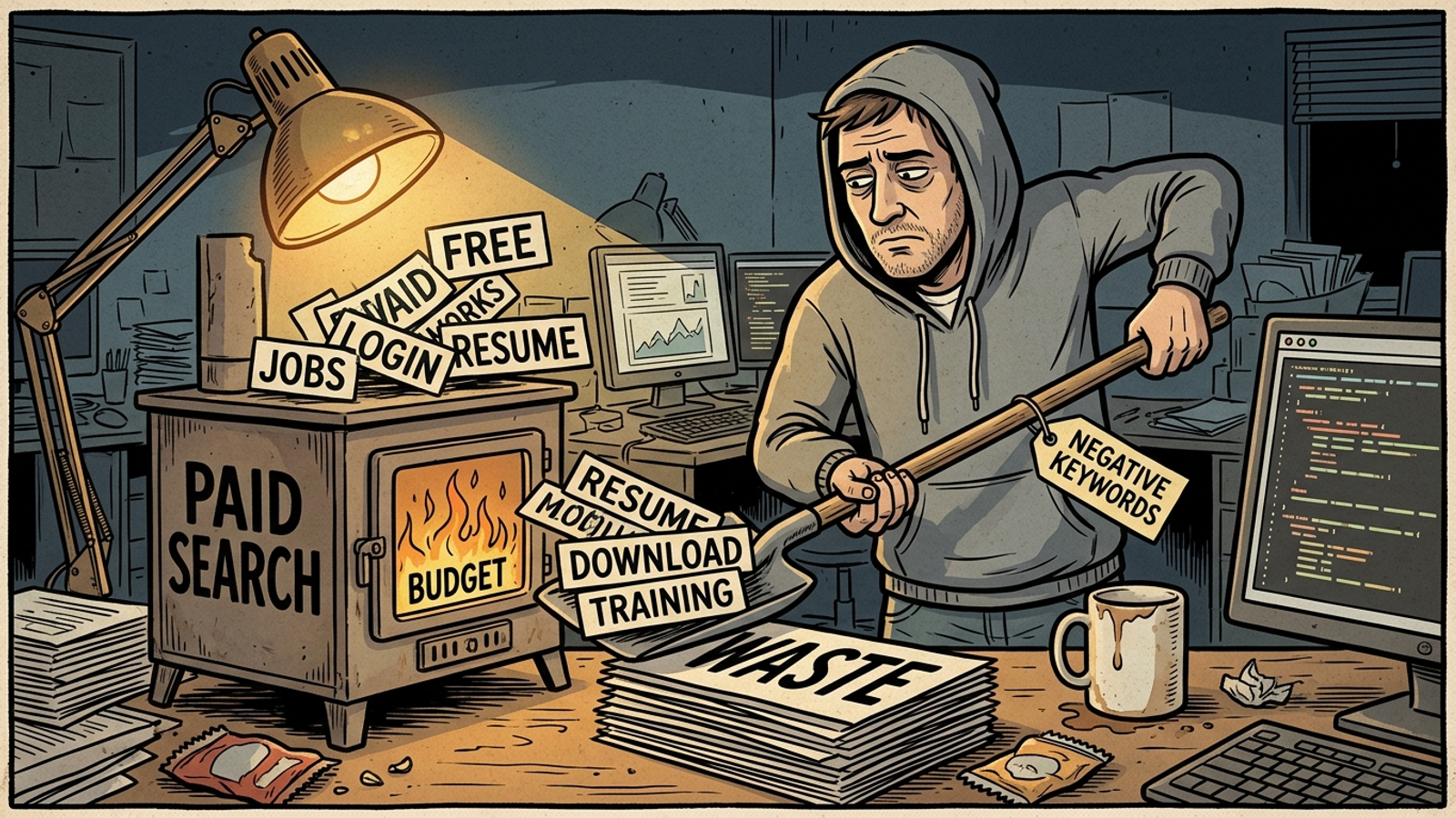 Cartoon of a marketer shoveling junk search terms into a furnace before they can spend budget