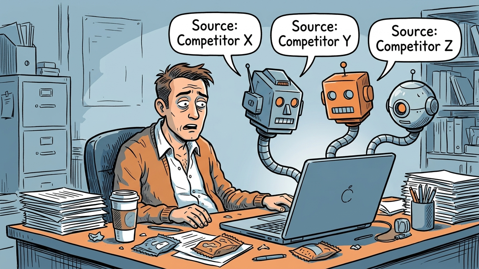 A marketer comparing three AI answers that cite different competitors