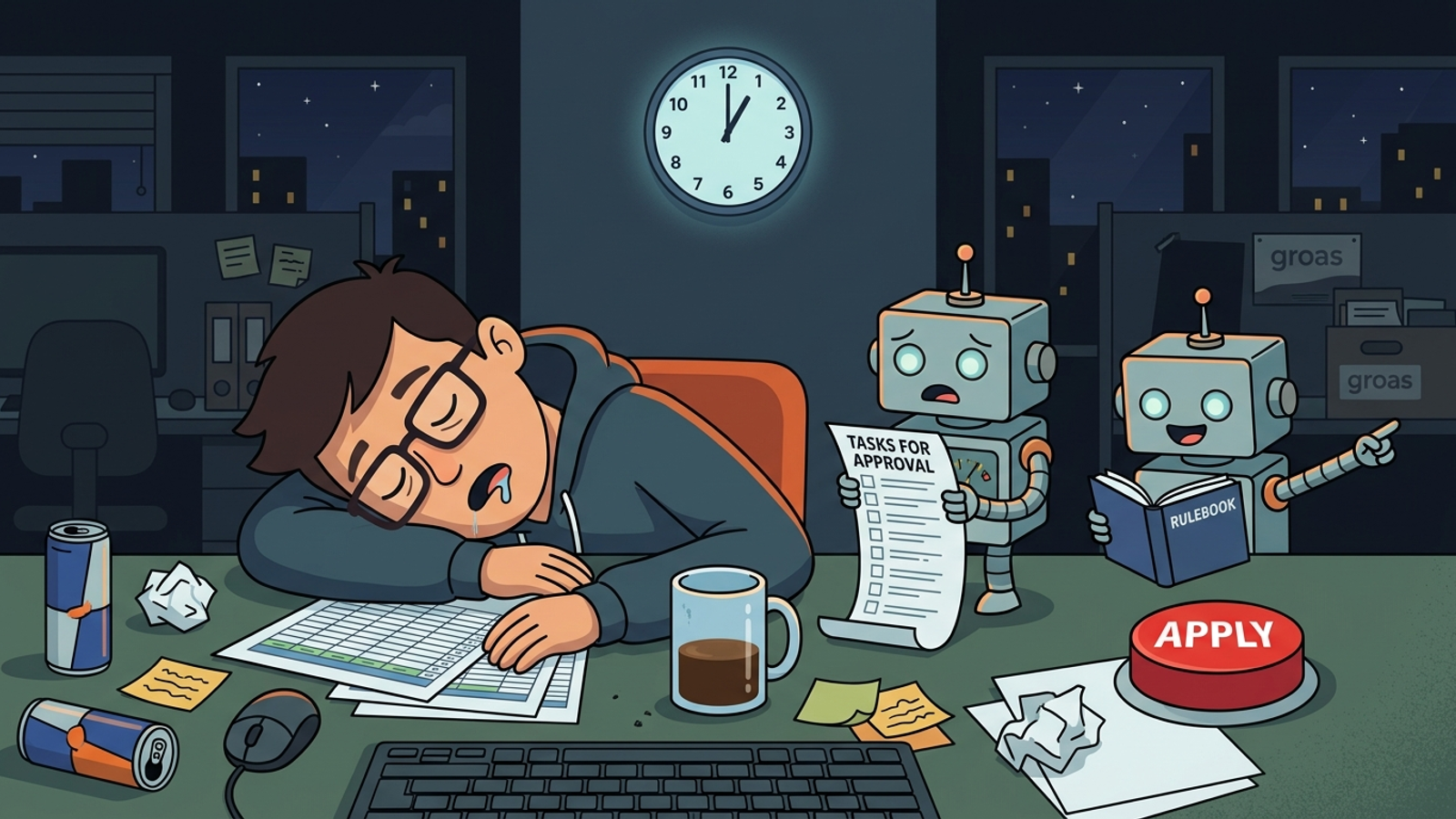Cartoon of a marketer asleep while two robots argue over an Apply button