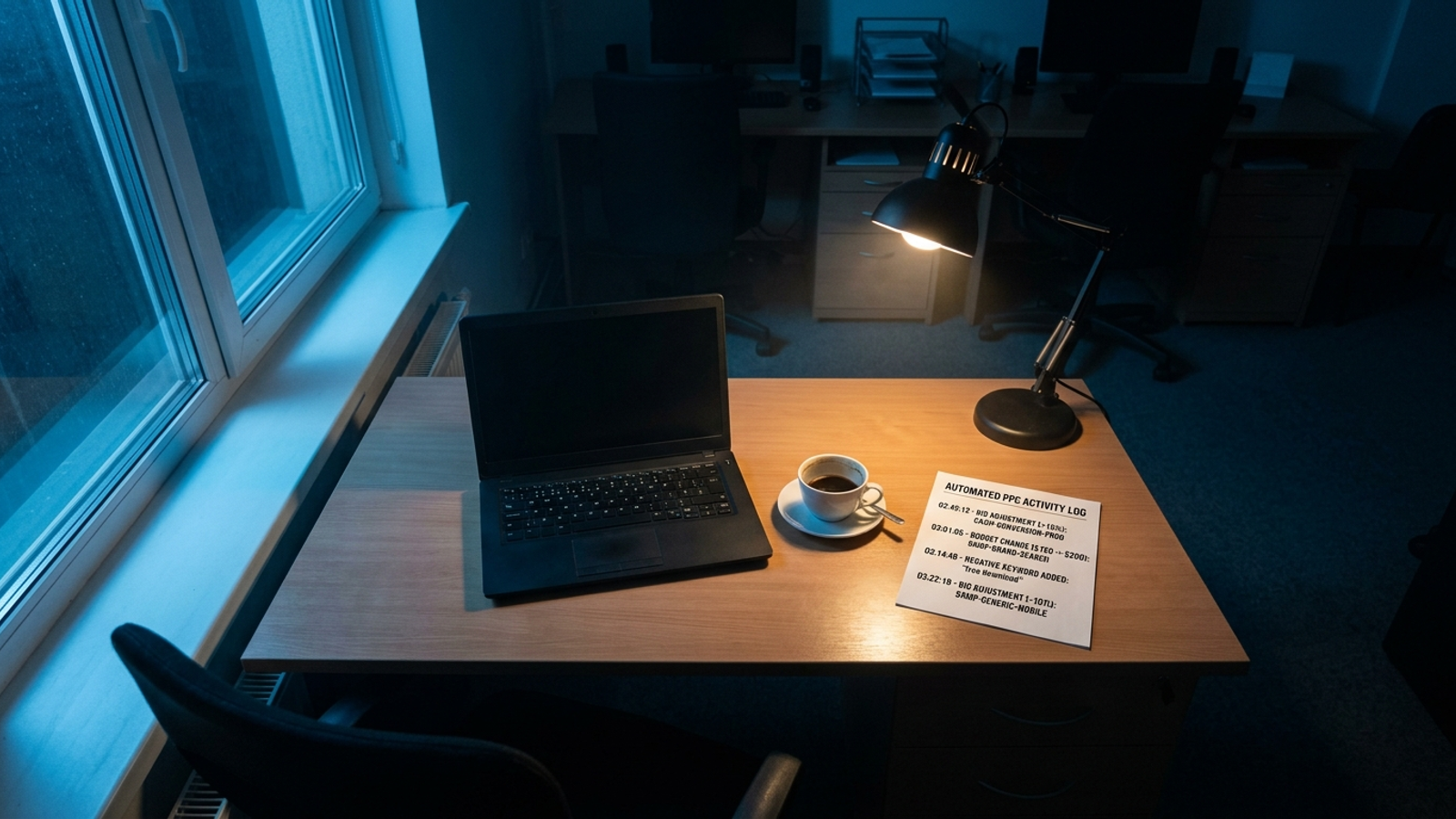 Overhead photo of an empty desk at night beside a log sheet of automated bid and budget changes