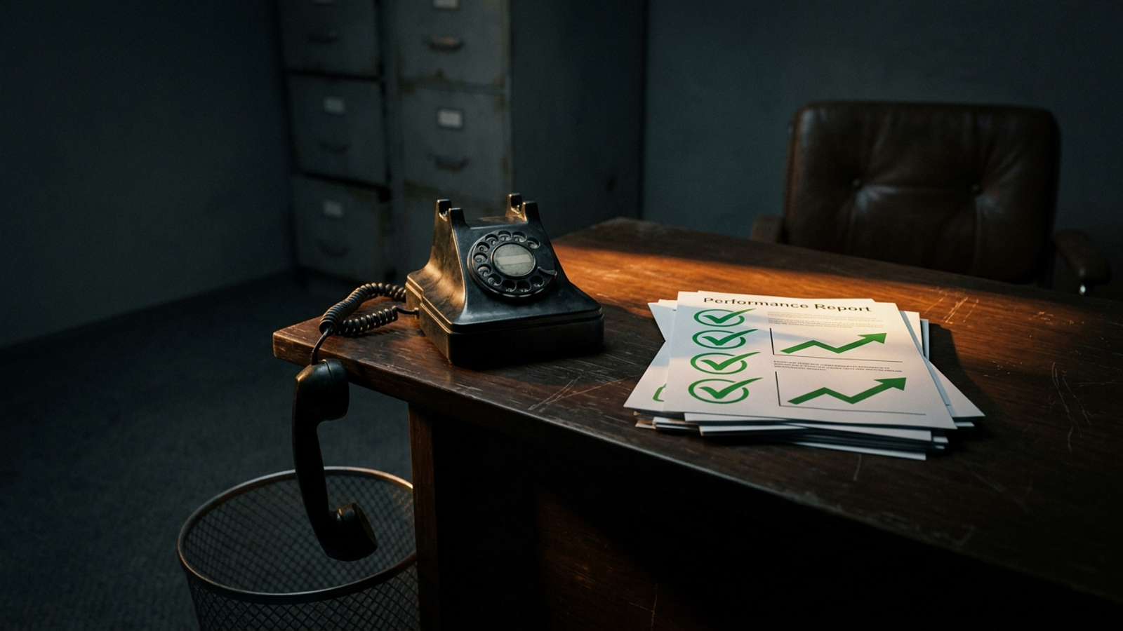 A phone receiver hangs over an empty wastebasket beside printed charts marked with green checkmarks.
