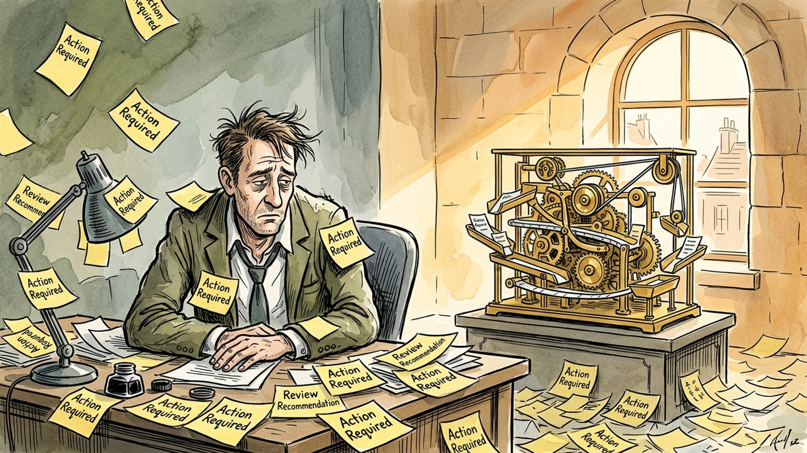 A marketer sits buried in alert slips while a clockwork automaton works quietly behind them.