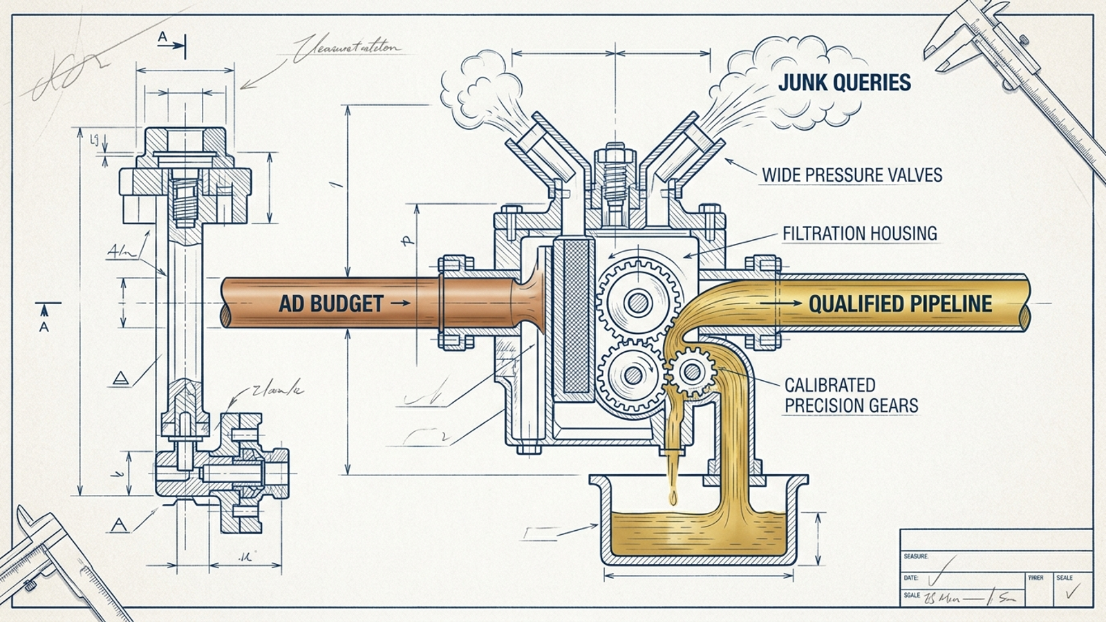 A diagram of an ad budget pipe, with broad-match leaks filtered before spend reaches the pipeline.