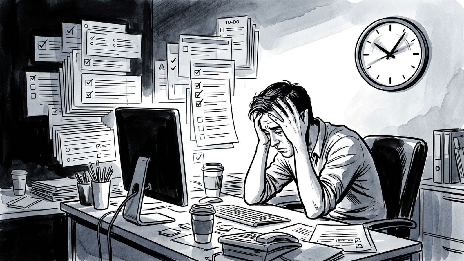 Agency buyer sorting recommendation cards and checklists against a clock