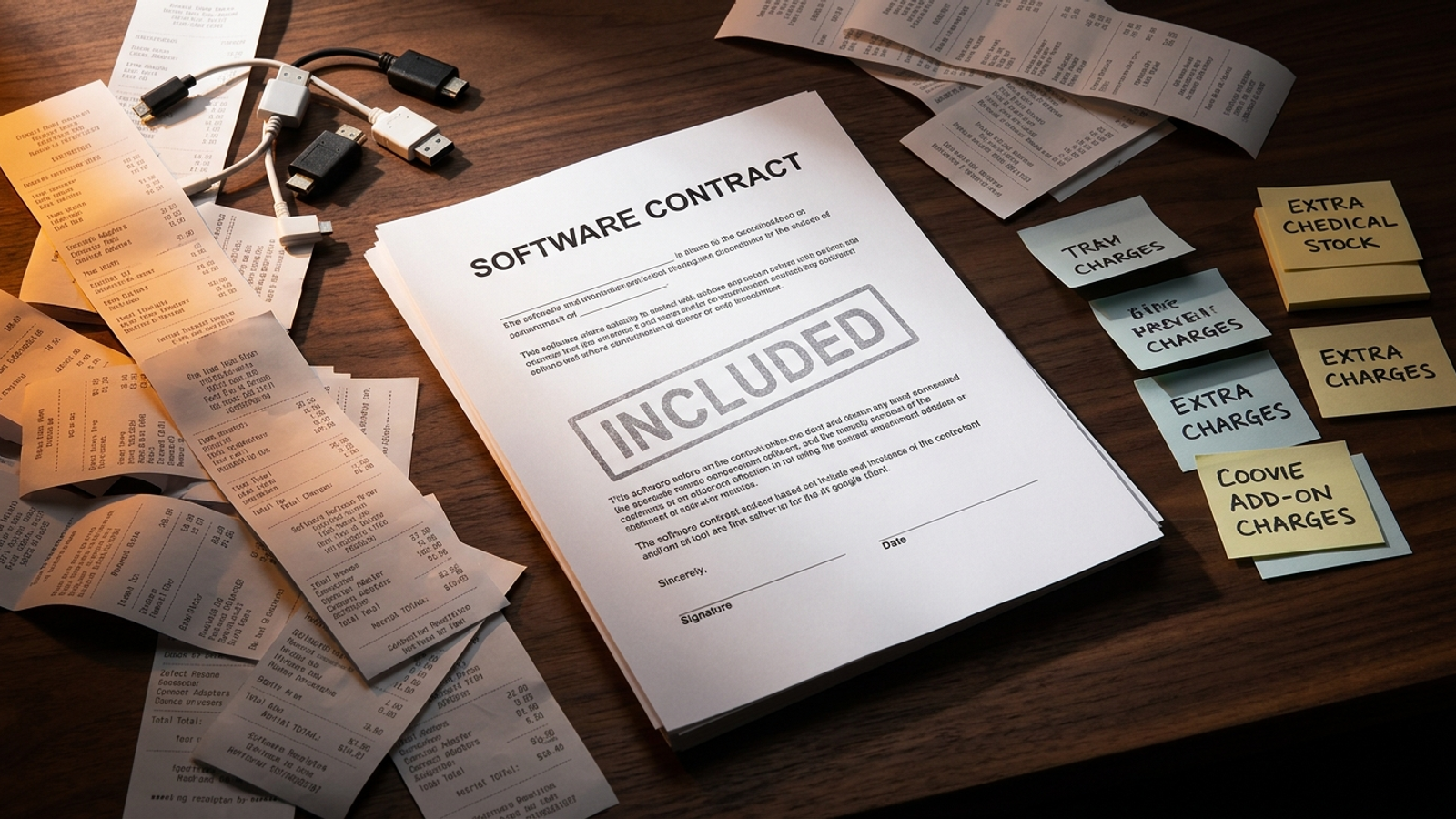 Software invoice beside itemized add-on receipts and connection cables