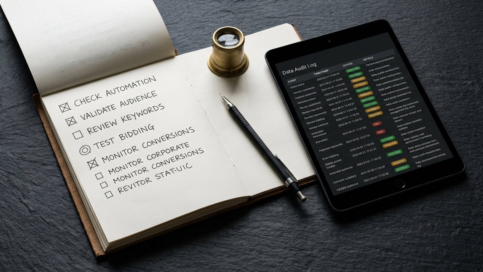 A testing checklist notebook beside a tablet displaying an ad account audit trail.