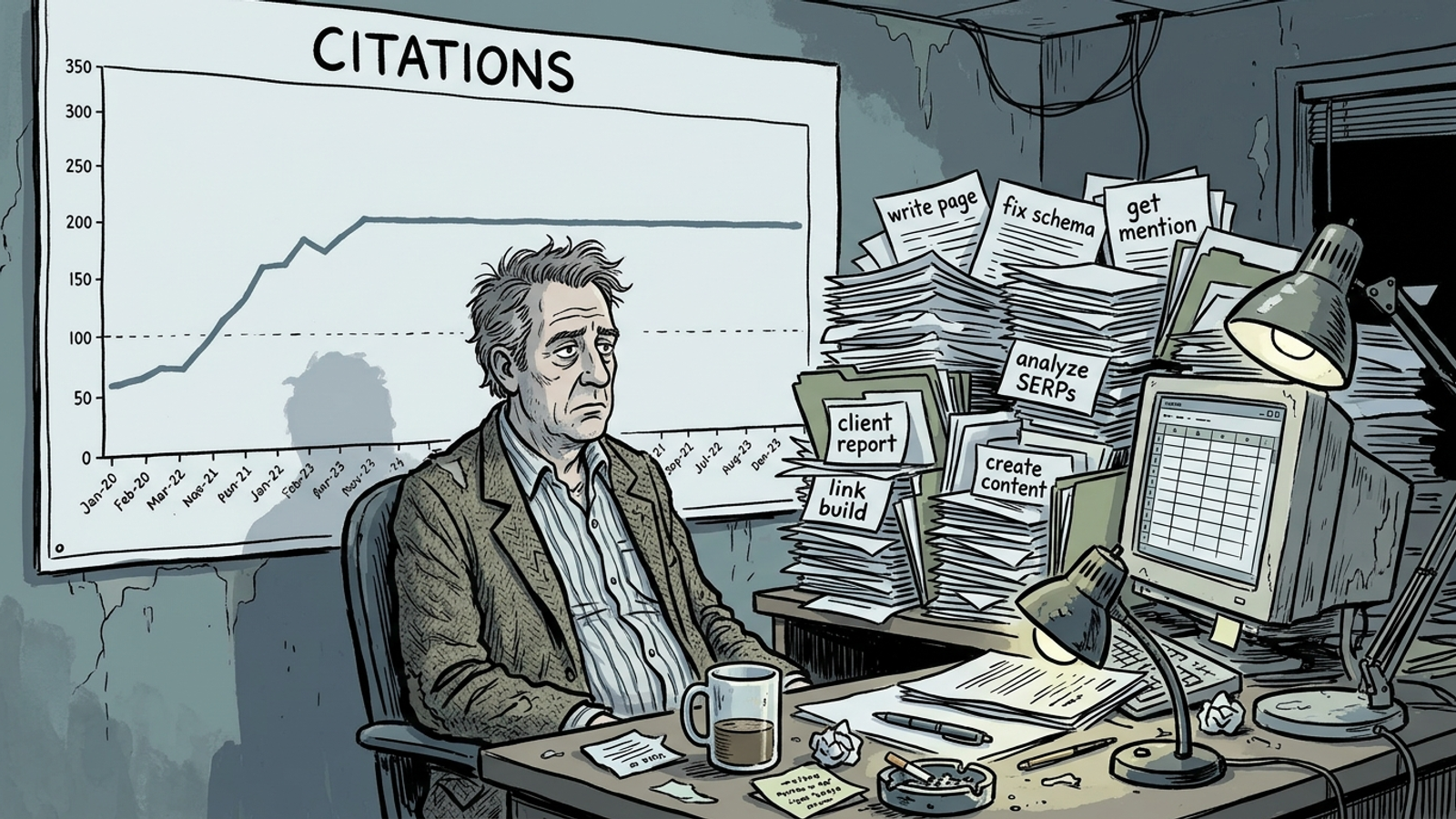 Agency owner studying a citation chart while the client website waits for work