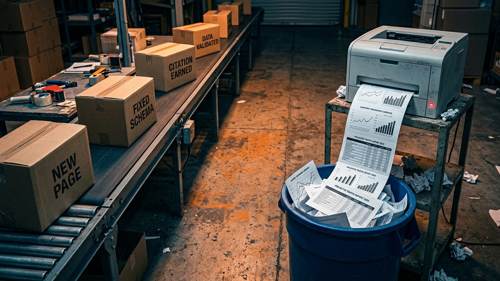 Assembly line shipping finished pages beside a printer producing charts