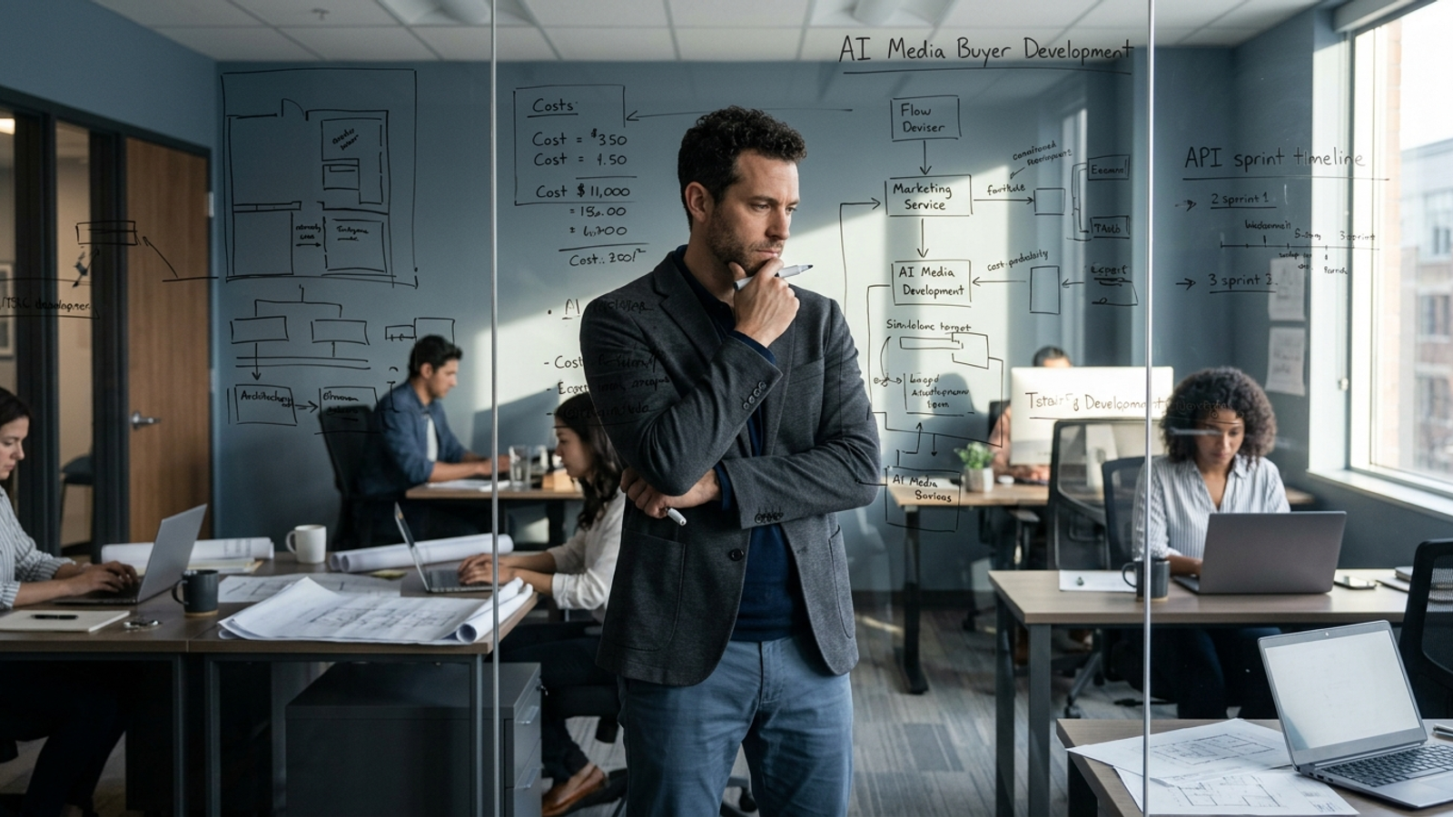 Agency owner at a desk studying developer costs and software diagrams on a whiteboard