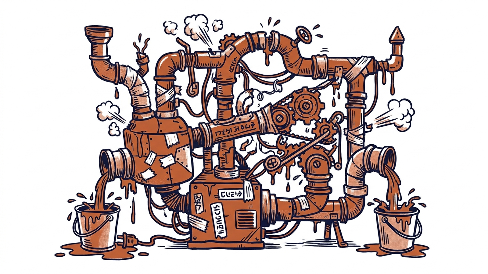 Linocut illustration of a leaking, script-powered Rube Goldberg machine