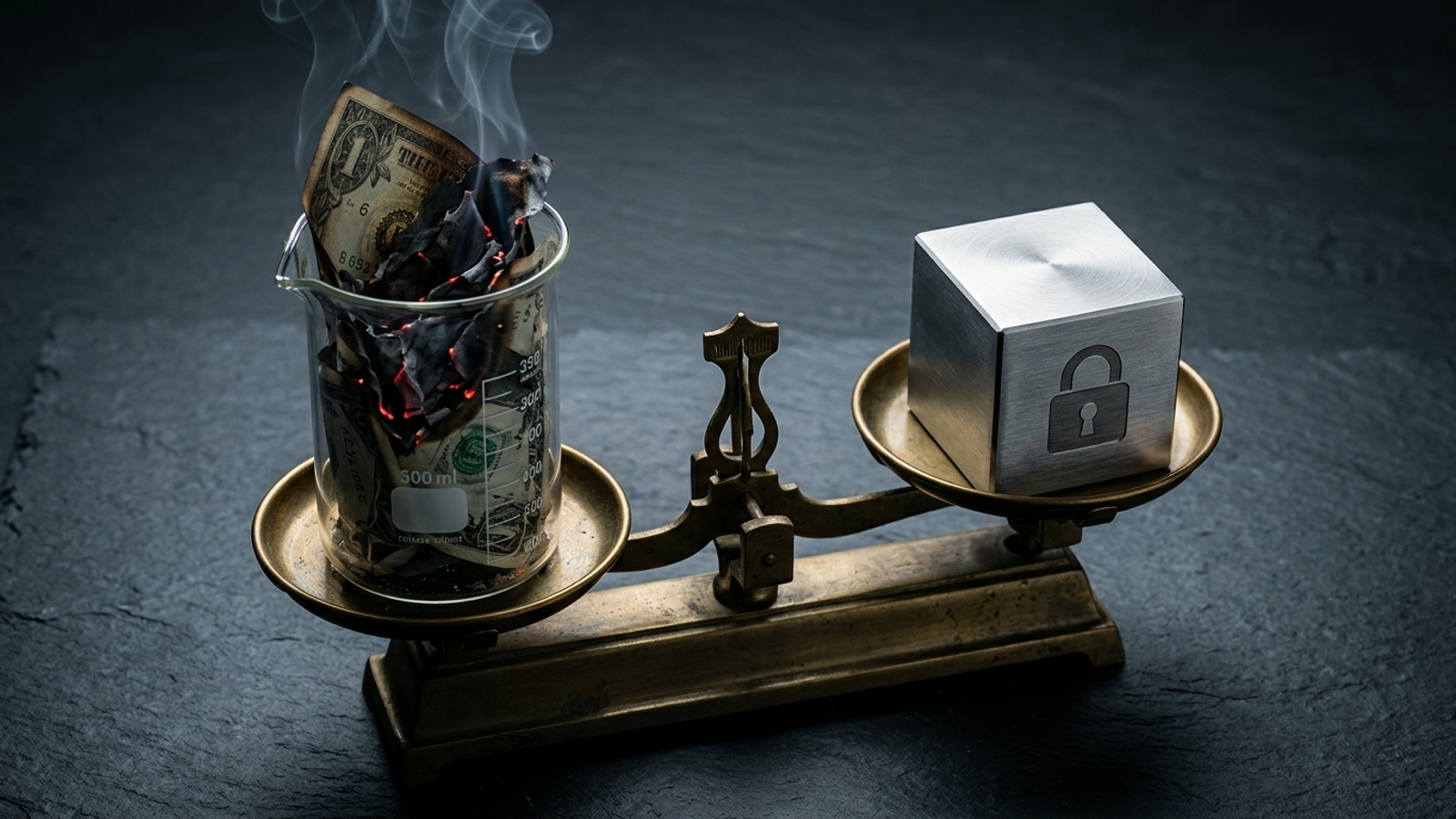 A balance scale holding burning currency opposite a locked steel block.