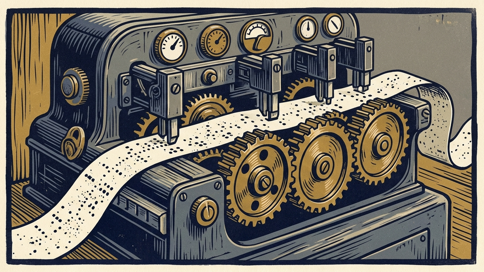 Linocut-style clockwork mechanism filtering a stream of paper tapes.
