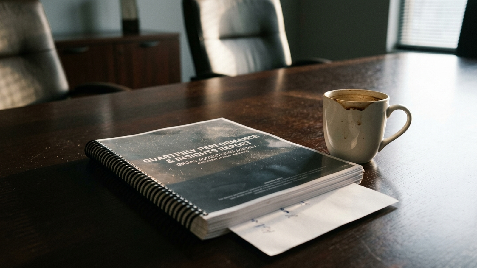 An unread monthly agency report on a boardroom table beside a cold cup of coffee.